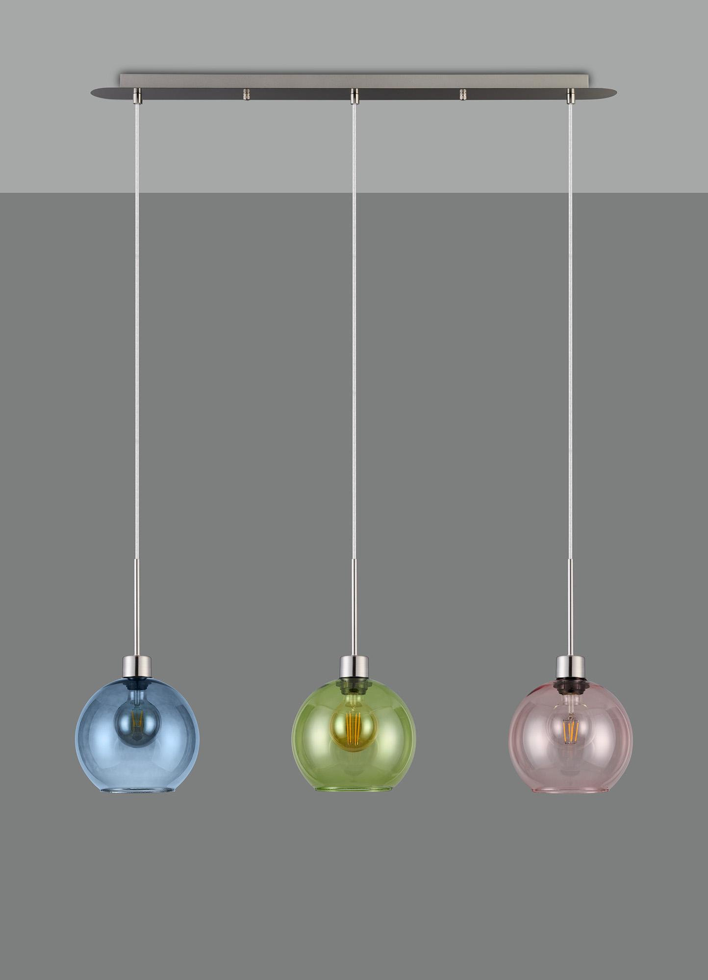 Lori Linear Pendant, 3 Light Adjustable E27, Satin Nickel/Blue/Green/Pink Open Mouth Round Globe Shades