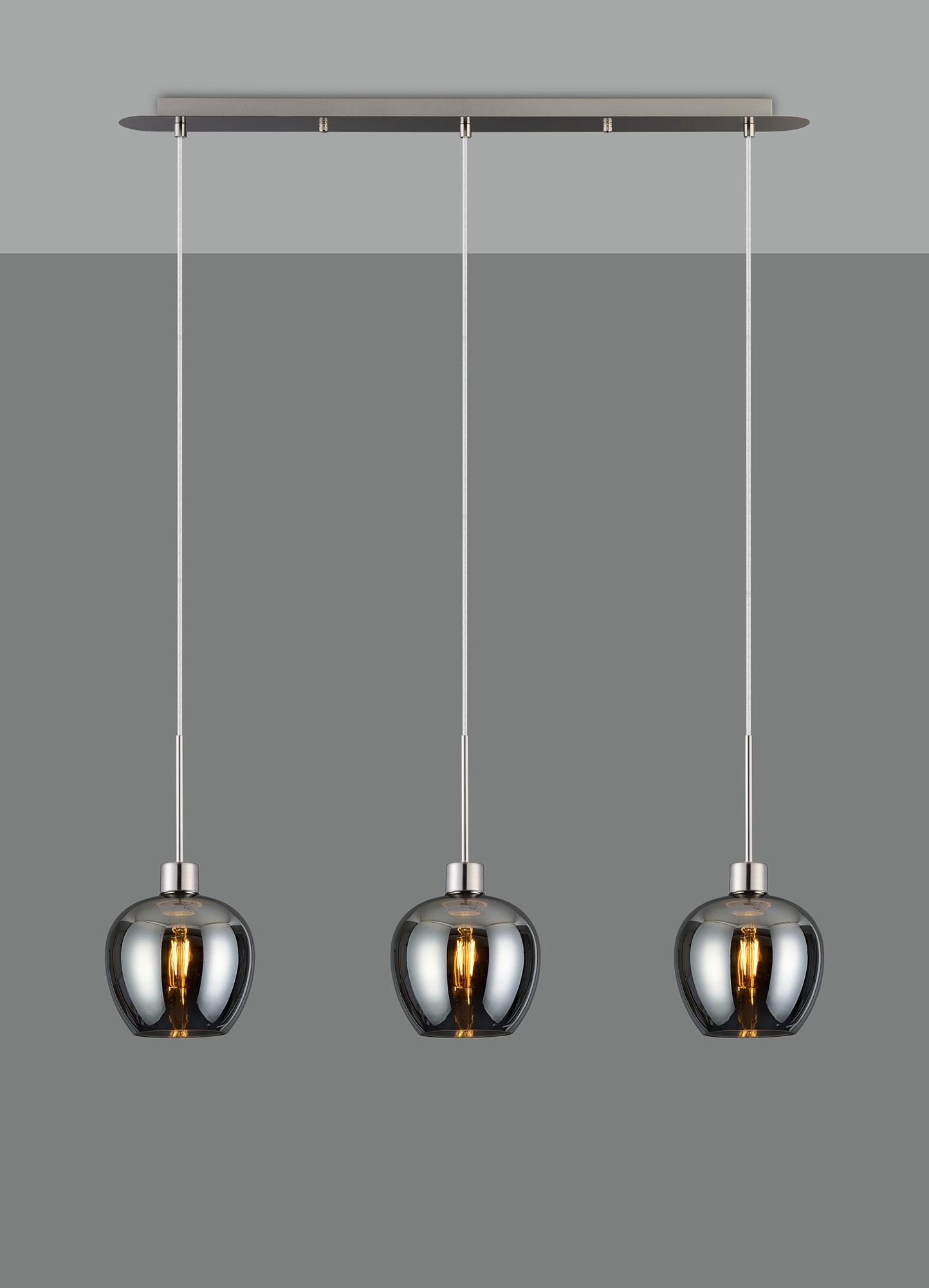 Lori Linear Pendant, 3 Light Adjustable E27, Satin Nickel/Chrome Wine Shades