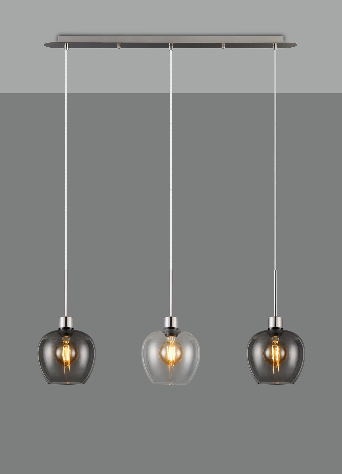 Lori Linear Pendant, 3 Light Adjustable E27, Satin Nickel/Clear/Smoke Wine Shades