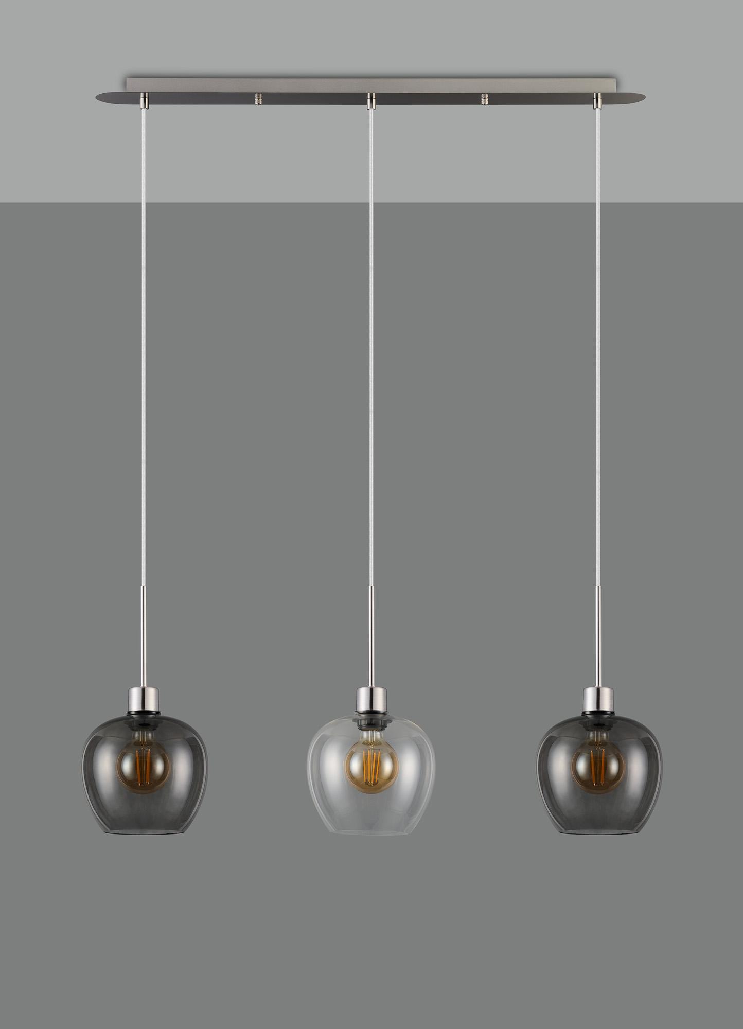 Lori Linear Pendant, 3 Light Adjustable E27, Satin Nickel/Clear/Smoke Wine Shades