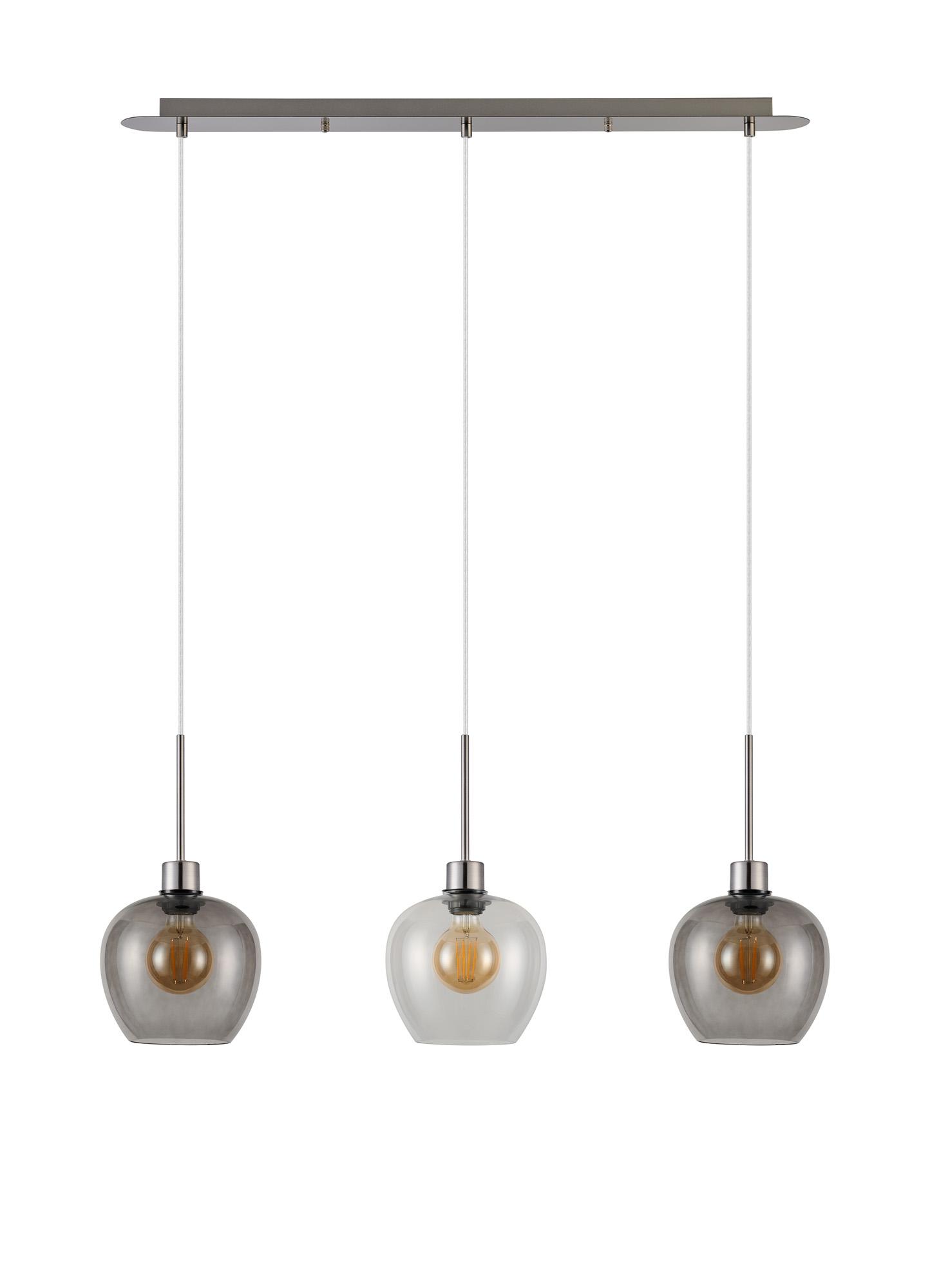 Lori Linear Pendant, 3 Light Adjustable E27, Satin Nickel/Clear/Smoke Wine Shades