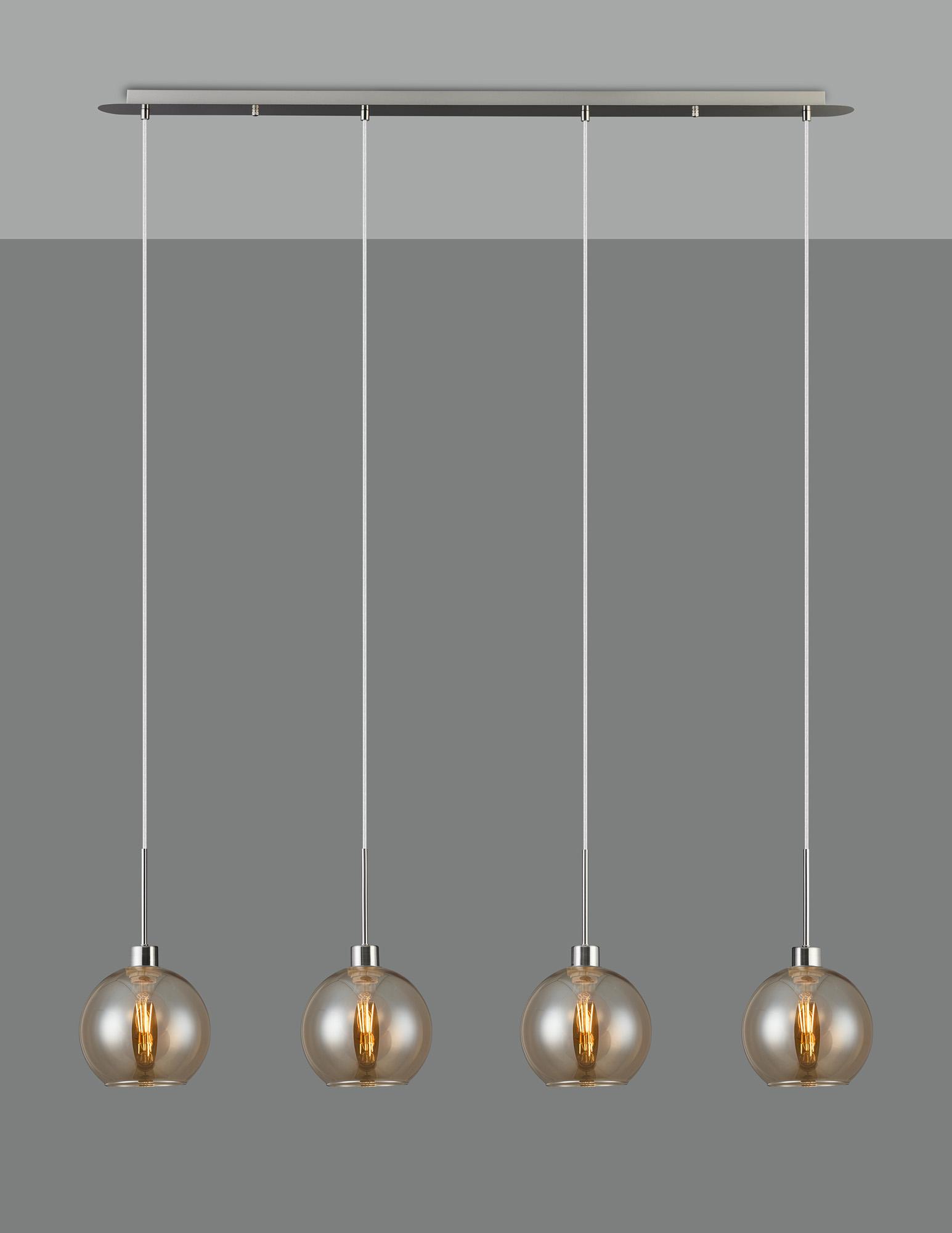 Lori Linear Pendant, 4 Light Adjustable E27, Satin Nickel/Amber Open Mouth Round Globe Shades