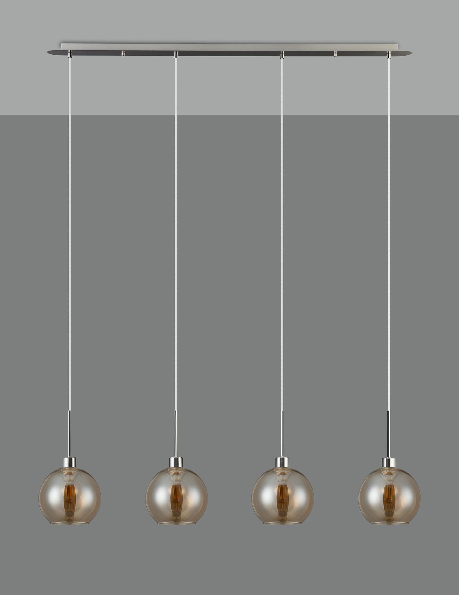 Lori Linear Pendant, 4 Light Adjustable E27, Satin Nickel/Amber Open Mouth Round Globe Shades