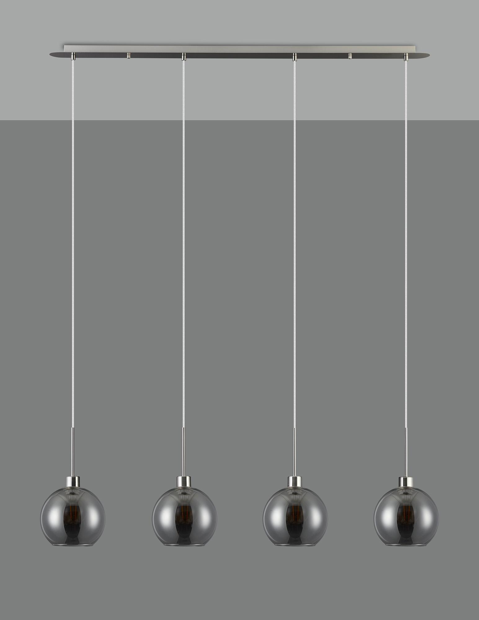Lori Linear Pendant, 4 Light Adjustable E27, Satin Nickel/Smoke Open Mouth Round Globe Shades