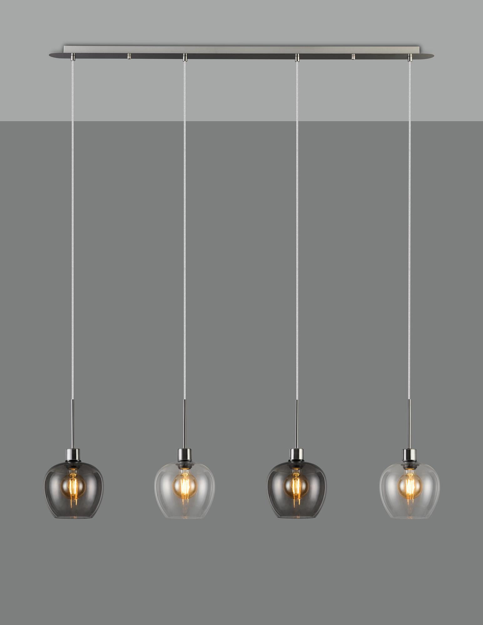 Lori Linear Pendant, 4 Light Adjustable E27, Satin Nickel/Clear/Smoke Wine Shades