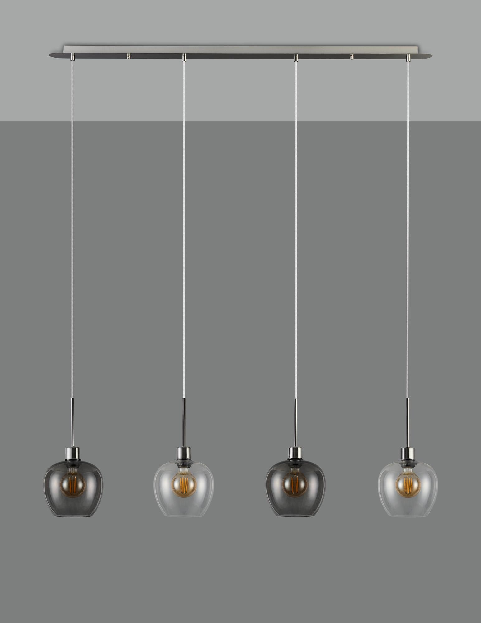 Lori Linear Pendant, 4 Light Adjustable E27, Satin Nickel/Clear/Smoke Wine Shades