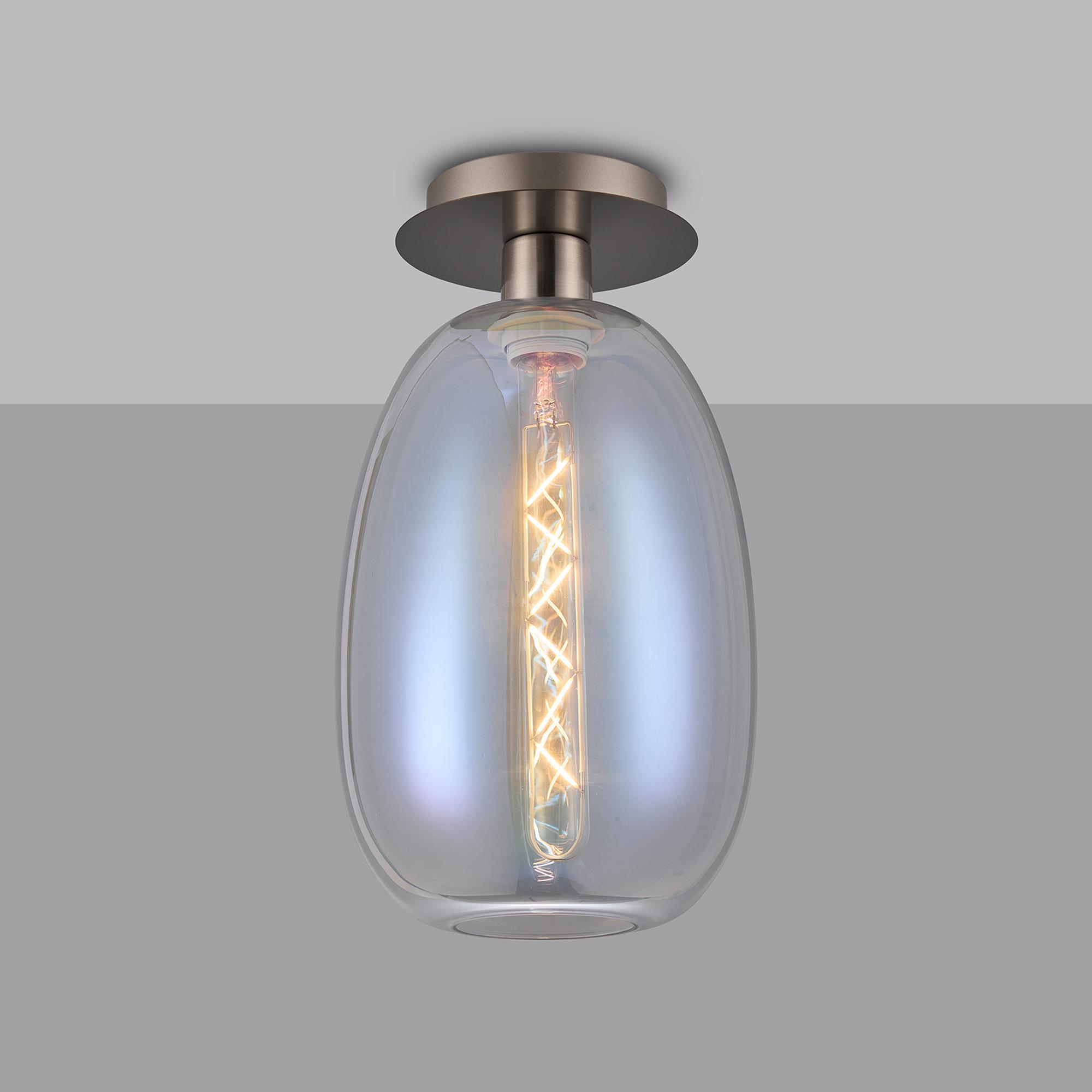 Lori 15cm Round Ceiling Flush, 1 Light Flush Fitting E27, Satin Nickel/Iridescent Slim Curved Trapezium Shades