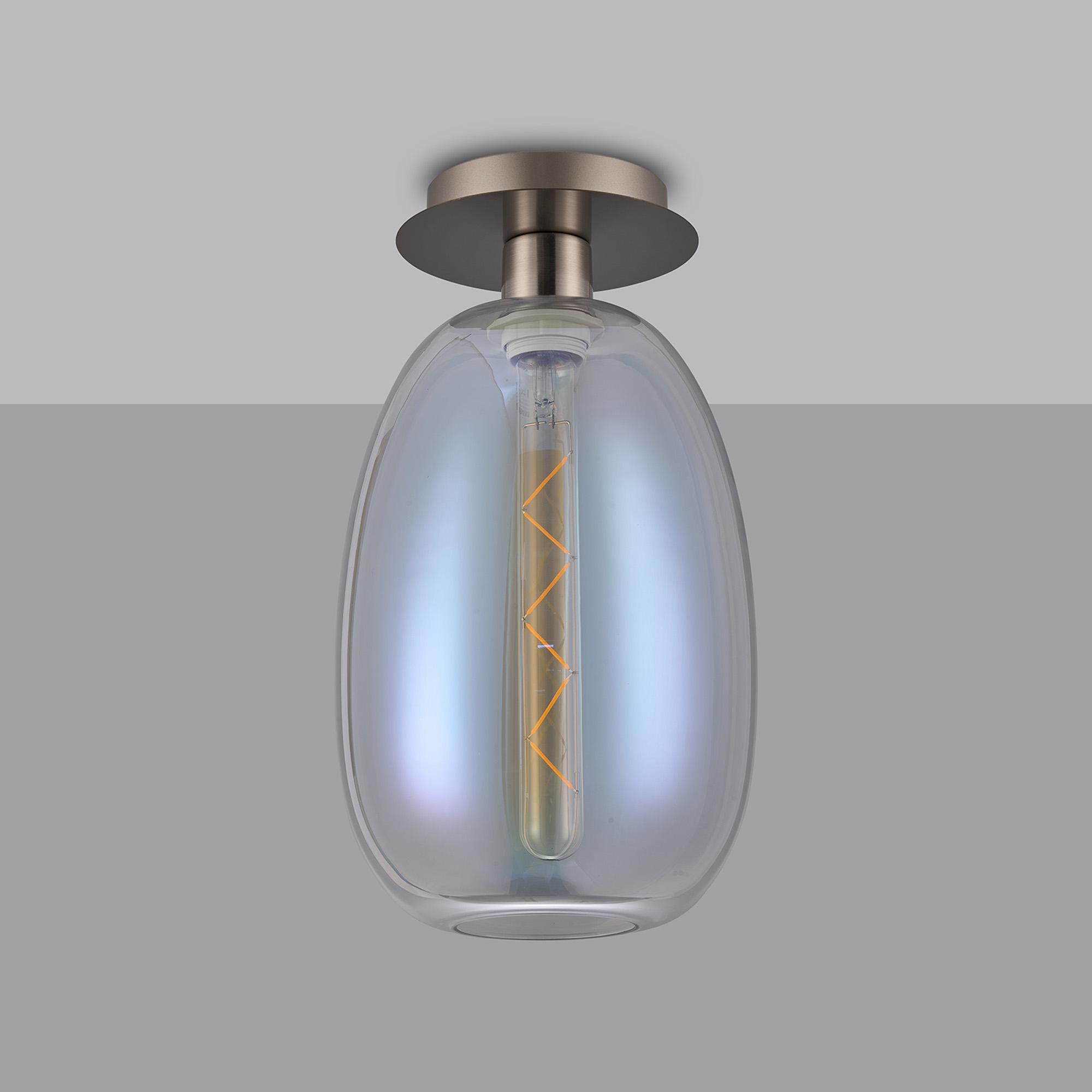 Lori 15cm Round Ceiling Flush, 1 Light Flush Fitting E27, Satin Nickel/Iridescent Slim Curved Trapezium Shades