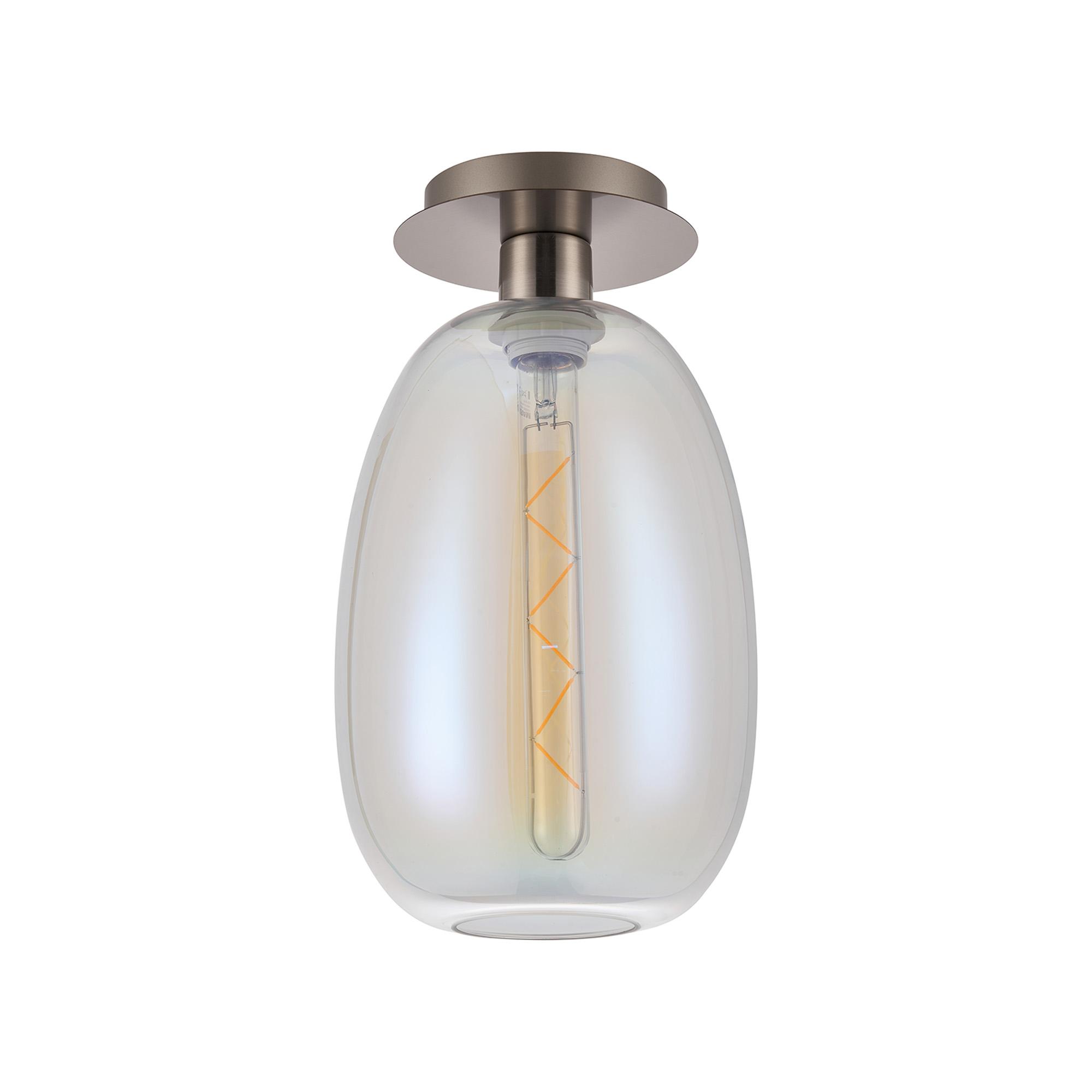 Lori 15cm Round Ceiling Flush, 1 Light Flush Fitting E27, Satin Nickel/Iridescent Slim Curved Trapezium Shades