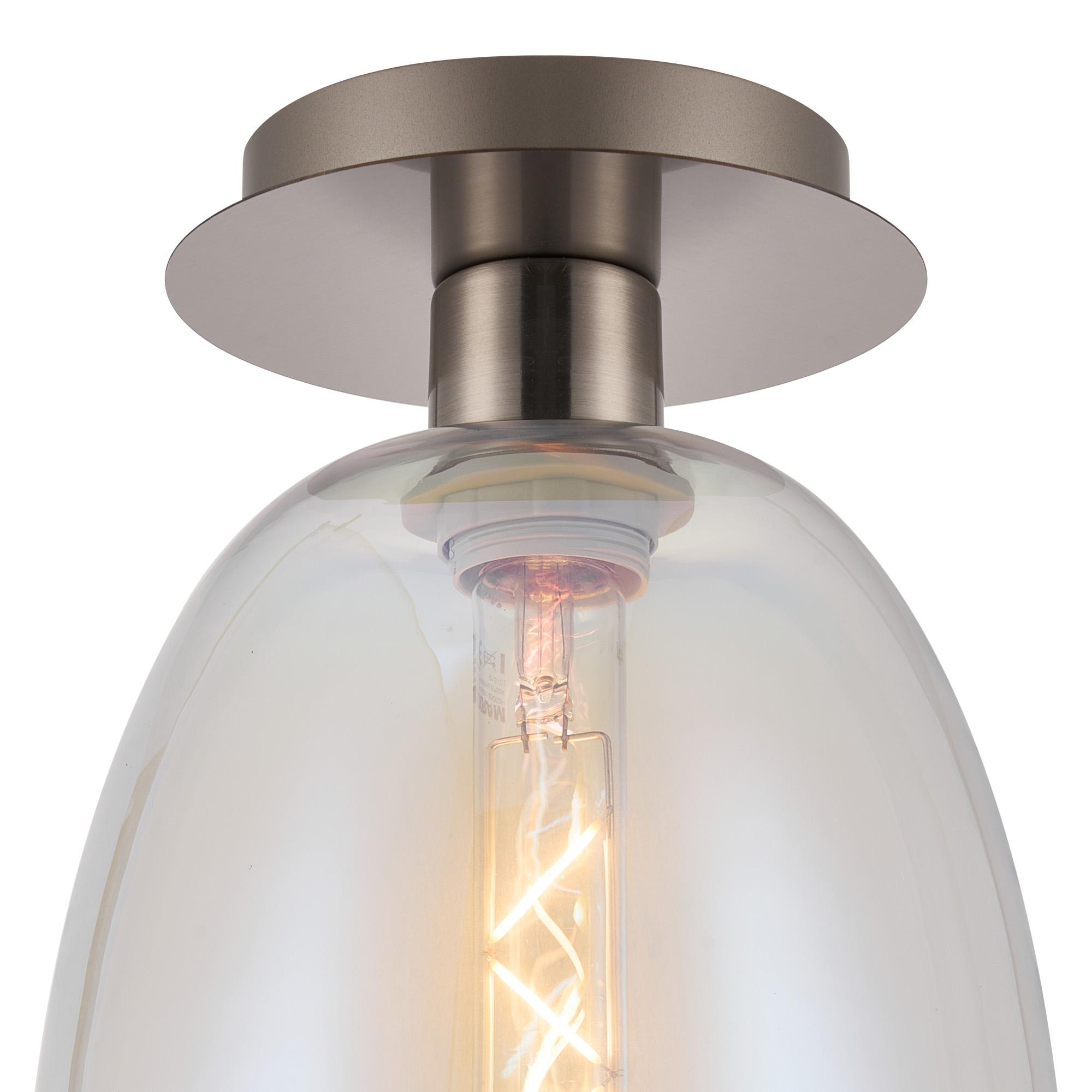 Lori 15cm Round Ceiling Flush, 1 Light Flush Fitting E27, Satin Nickel/Iridescent Slim Curved Trapezium Shades