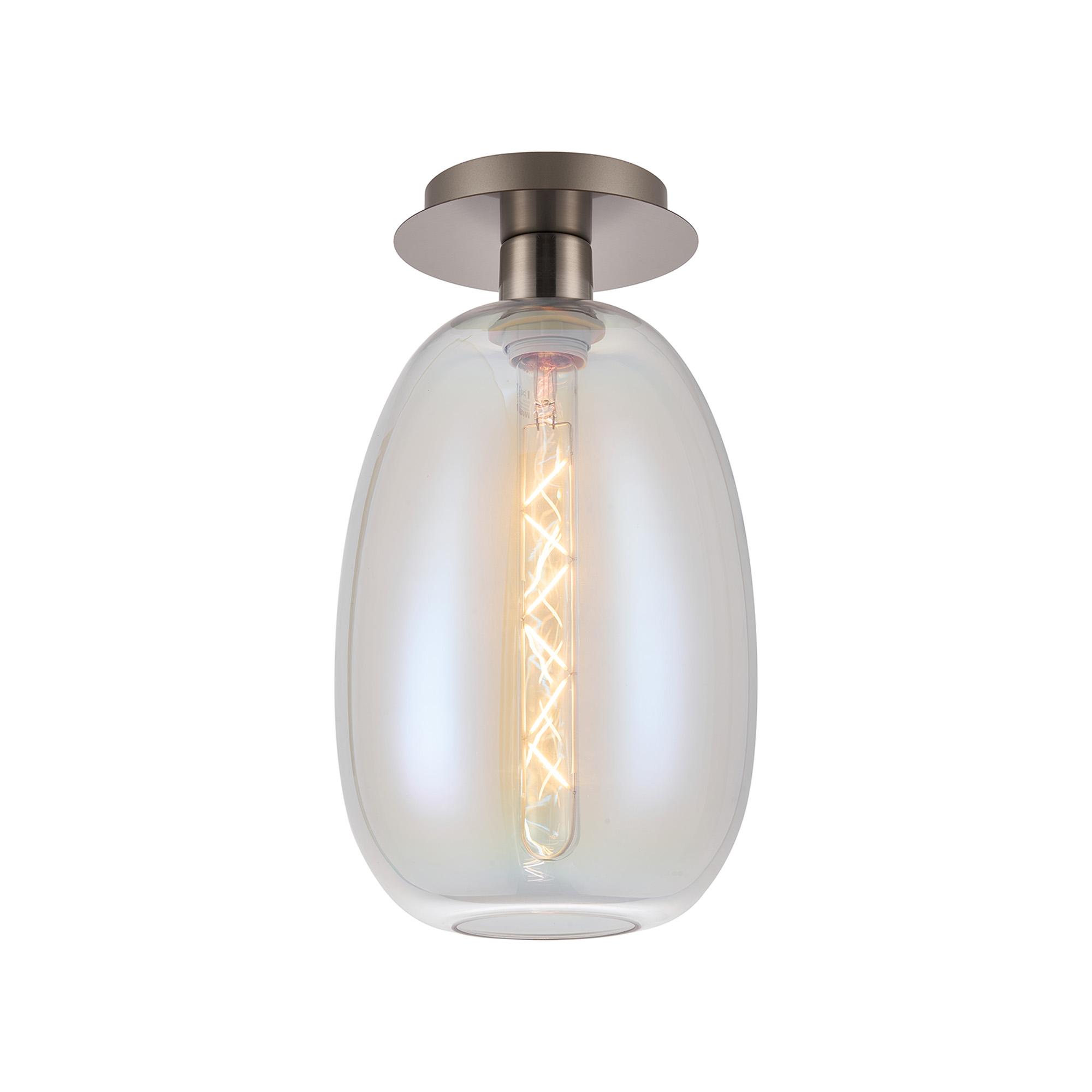 Lori 15cm Round Ceiling Flush, 1 Light Flush Fitting E27, Satin Nickel/Iridescent Slim Curved Trapezium Shades