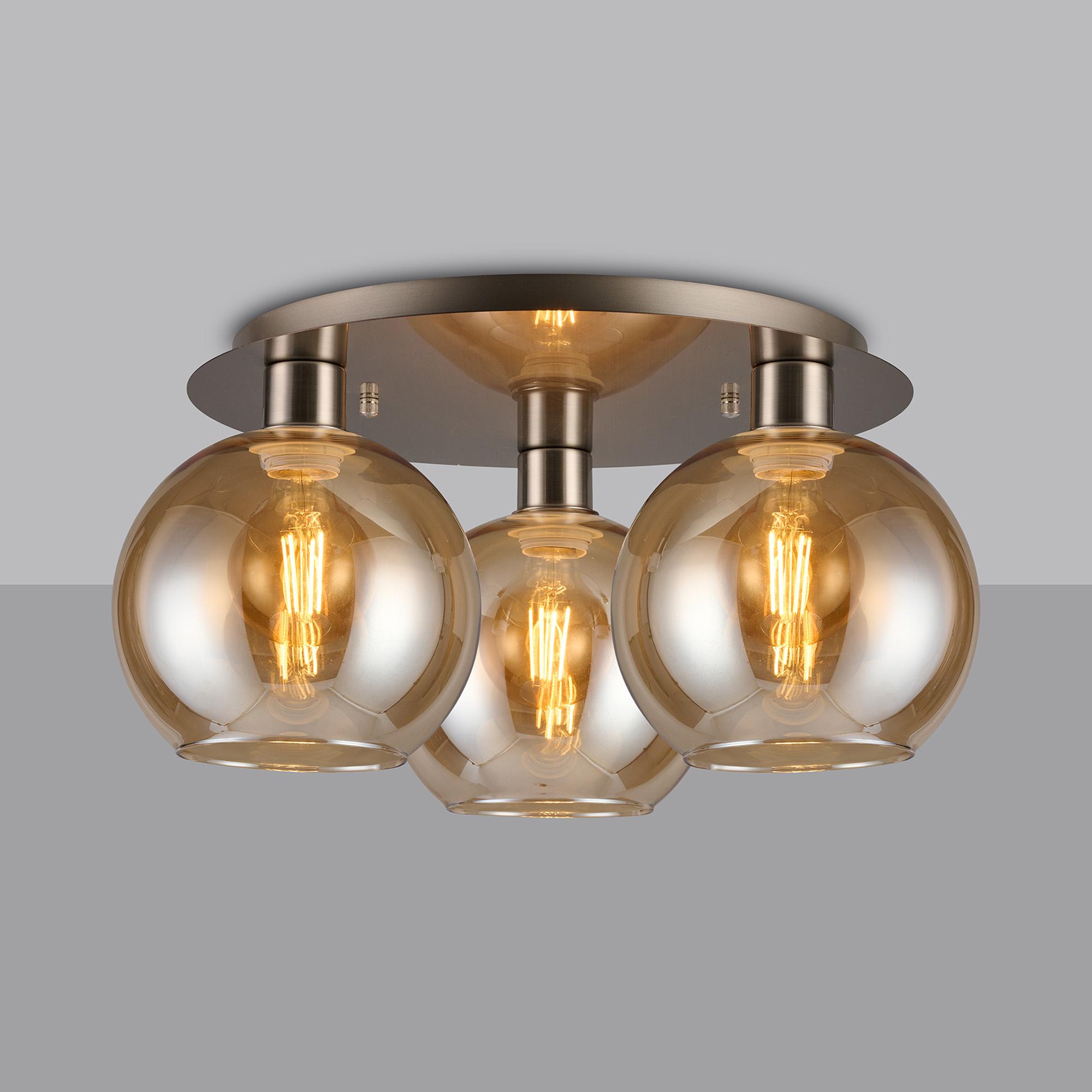 Lori 40cm Round Ceiling Flush, 3 Light Flush Fitting, Satin Nickel/Amber Open Mouth Round Globe Shades
