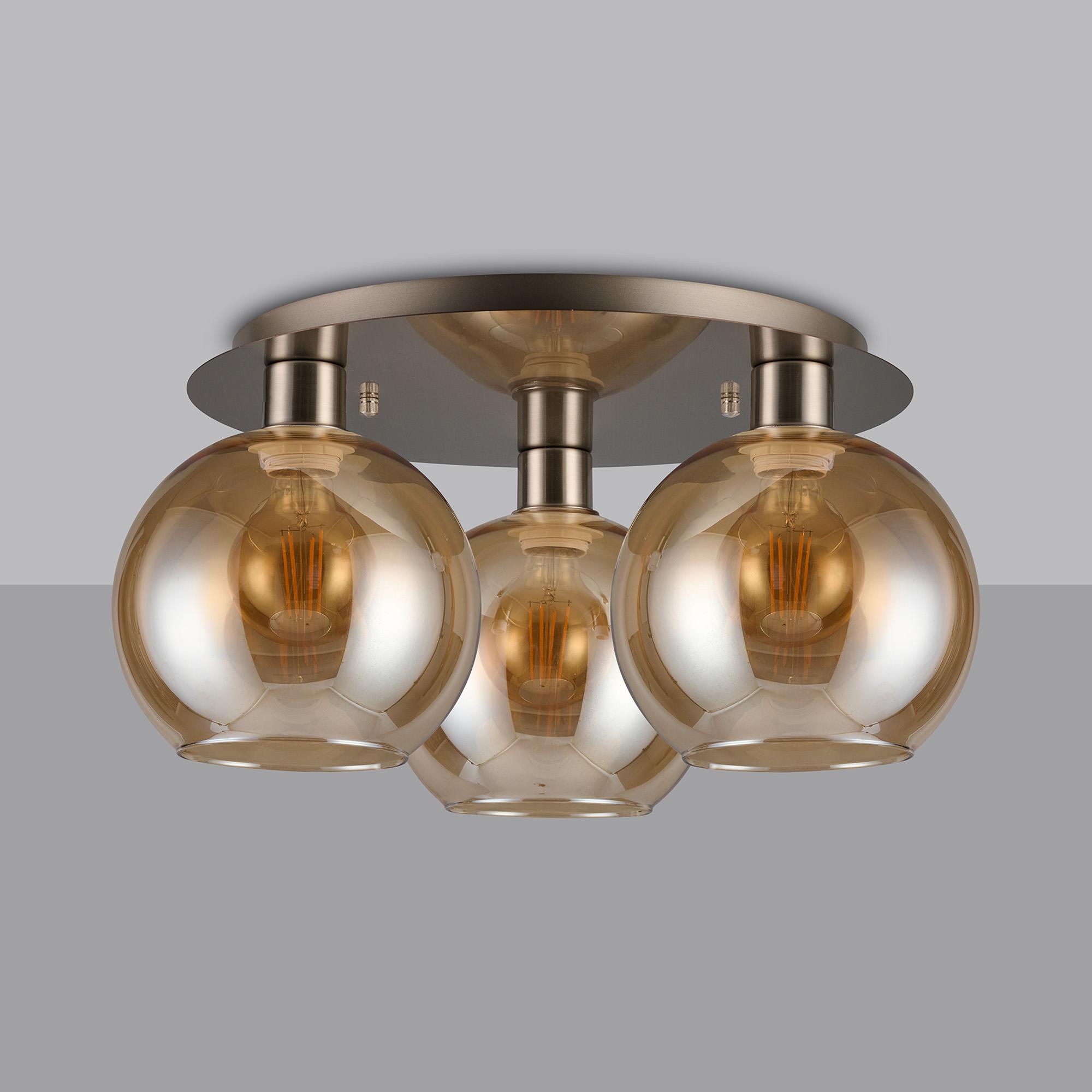 Lori 40cm Round Ceiling Flush, 3 Light Flush Fitting, Satin Nickel/Amber Open Mouth Round Globe Shades
