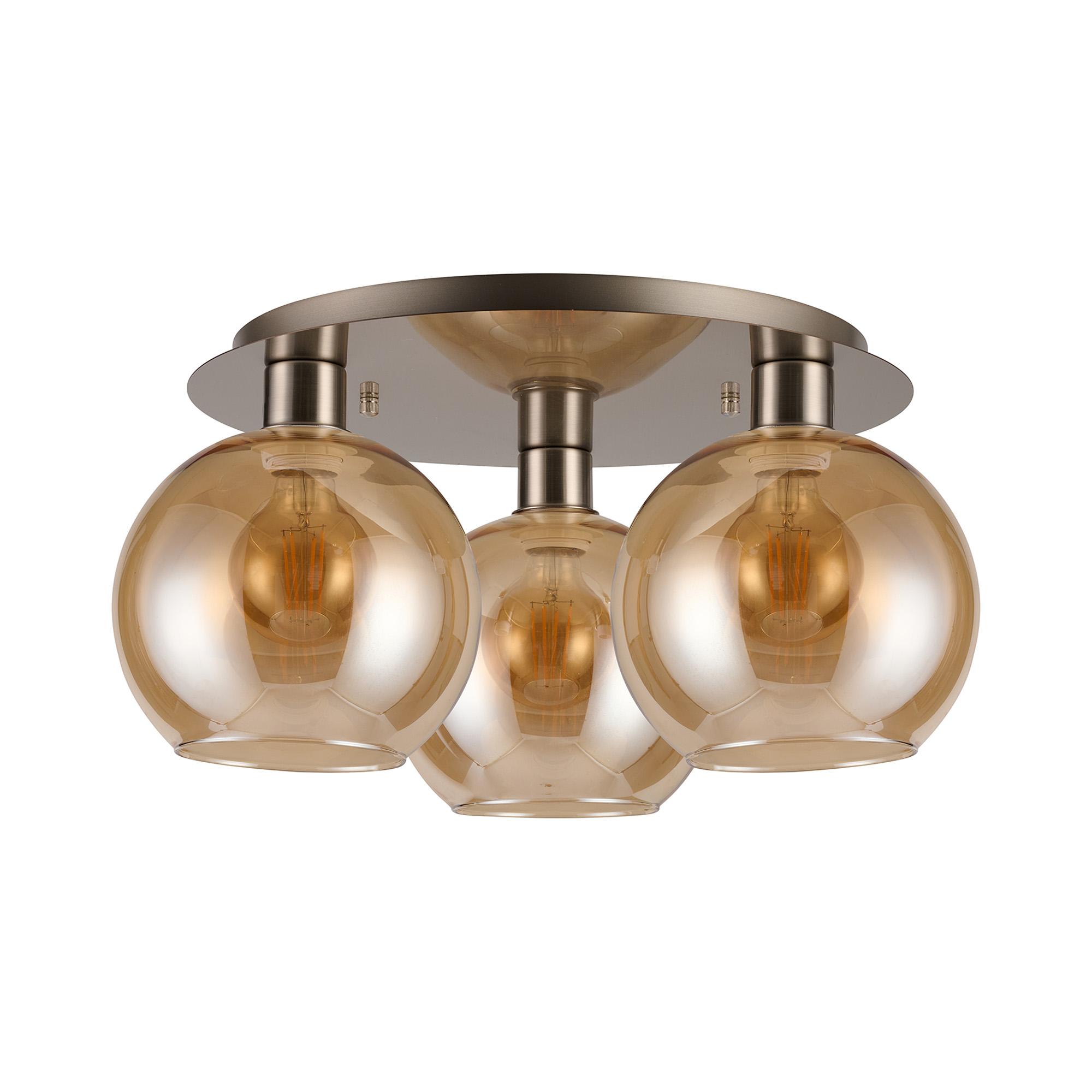 Lori 40cm Round Ceiling Flush, 3 Light Flush Fitting, Satin Nickel/Amber Open Mouth Round Globe Shades