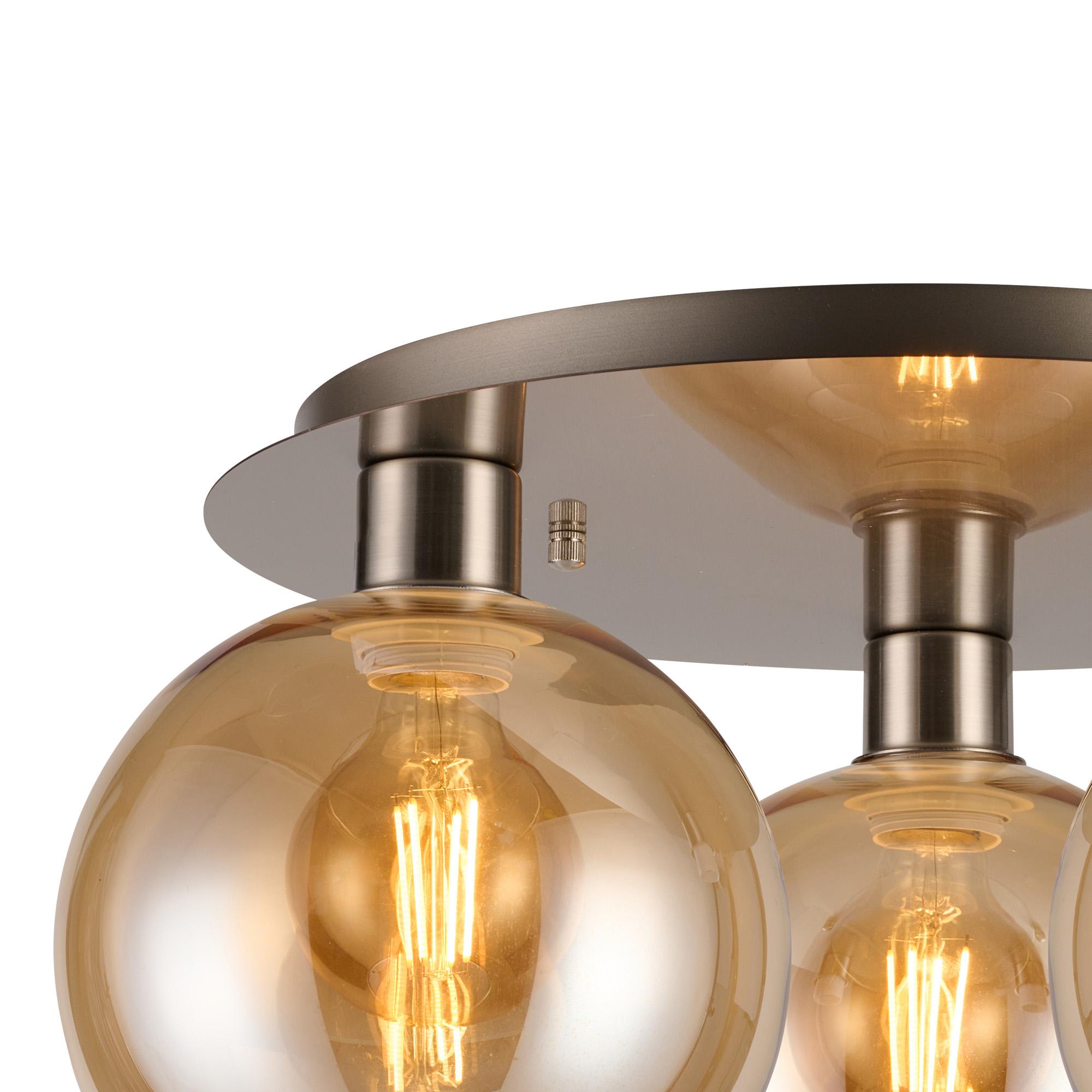 Lori 40cm Round Ceiling Flush, 3 Light Flush Fitting, Satin Nickel/Amber Open Mouth Round Globe Shades