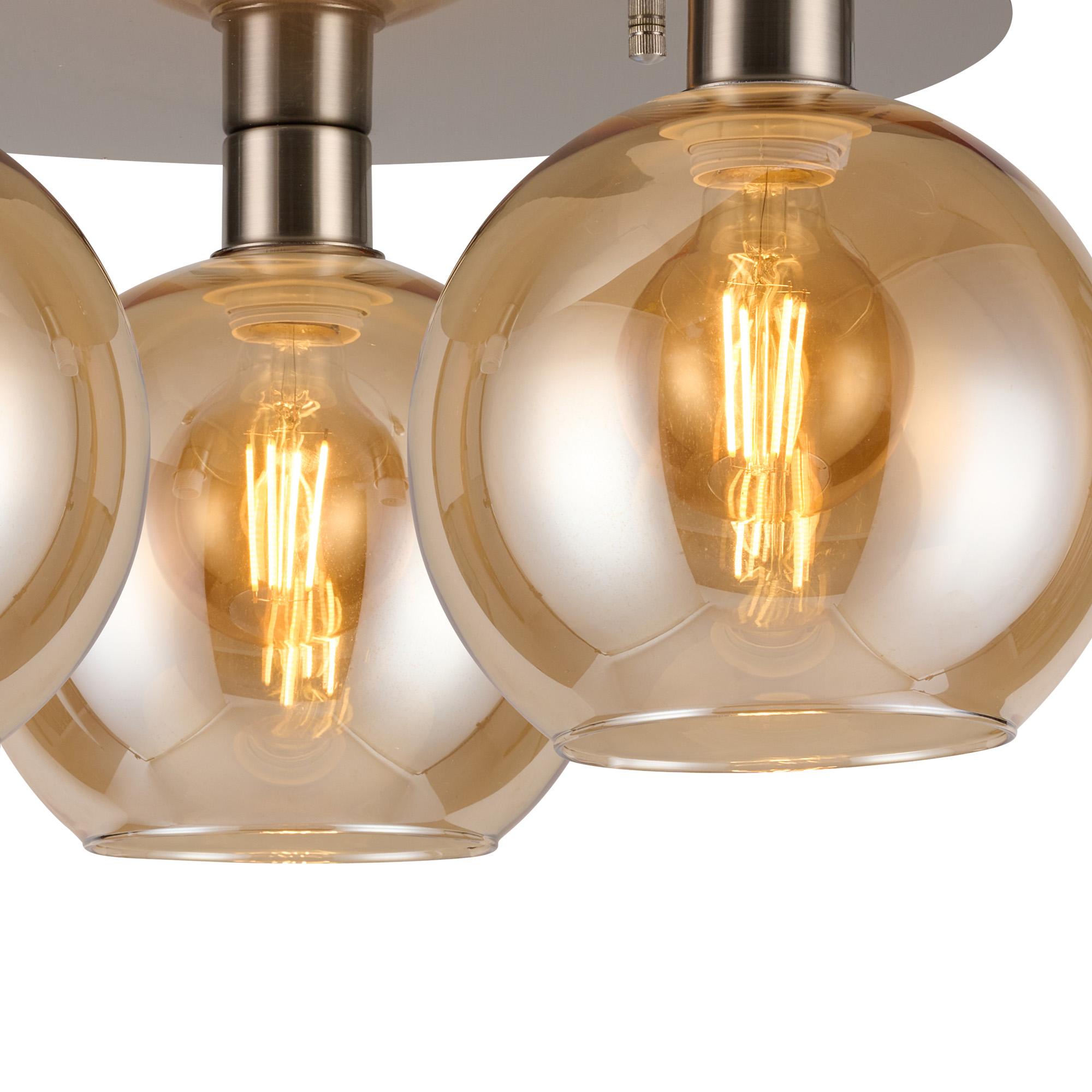 Lori 40cm Round Ceiling Flush, 3 Light Flush Fitting, Satin Nickel/Amber Open Mouth Round Globe Shades