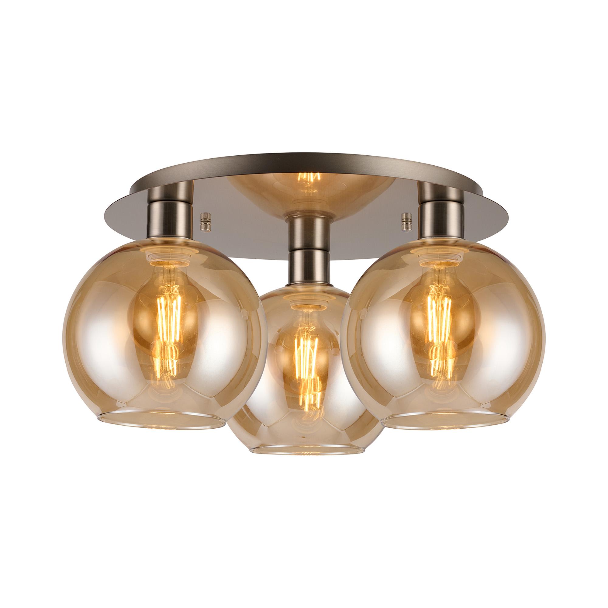 Lori 40cm Round Ceiling Flush, 3 Light Flush Fitting, Satin Nickel/Amber Open Mouth Round Globe Shades