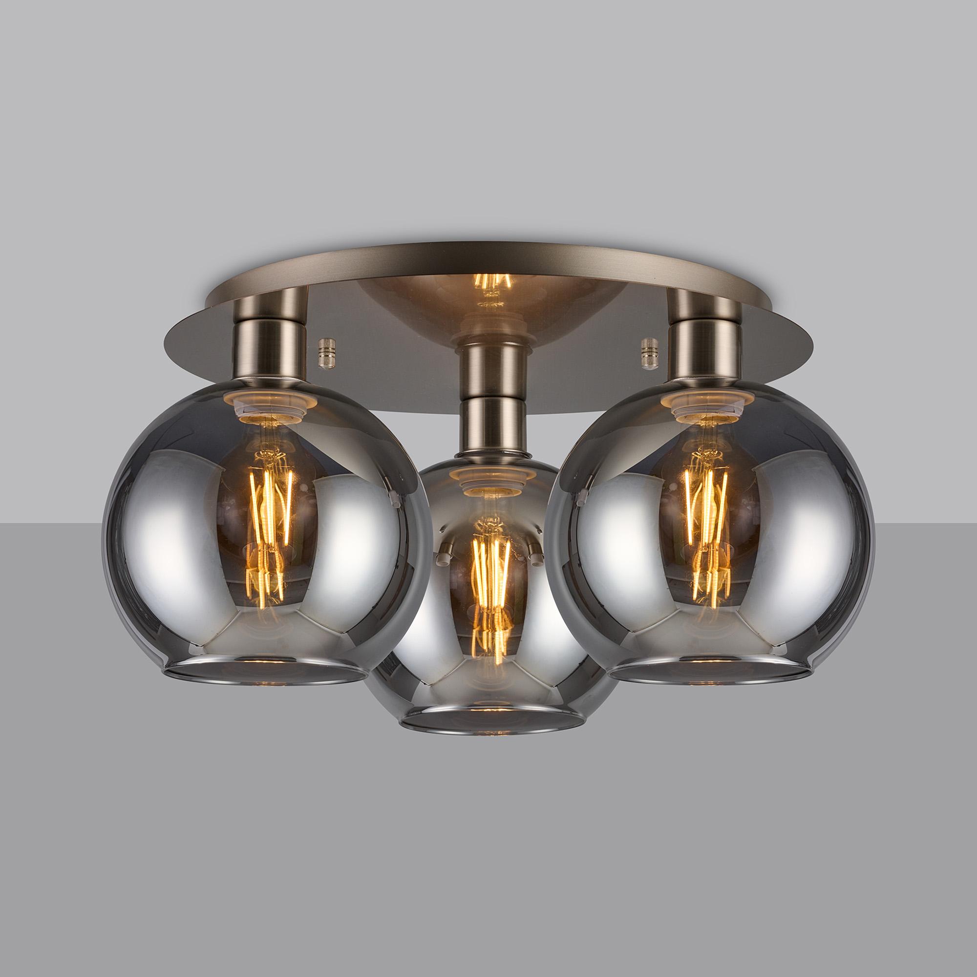 Lori 40cm Round Ceiling Flush, 3 Light Flush Fitting, Satin Nickel/Smoke Open Mouth Round Globe Shades