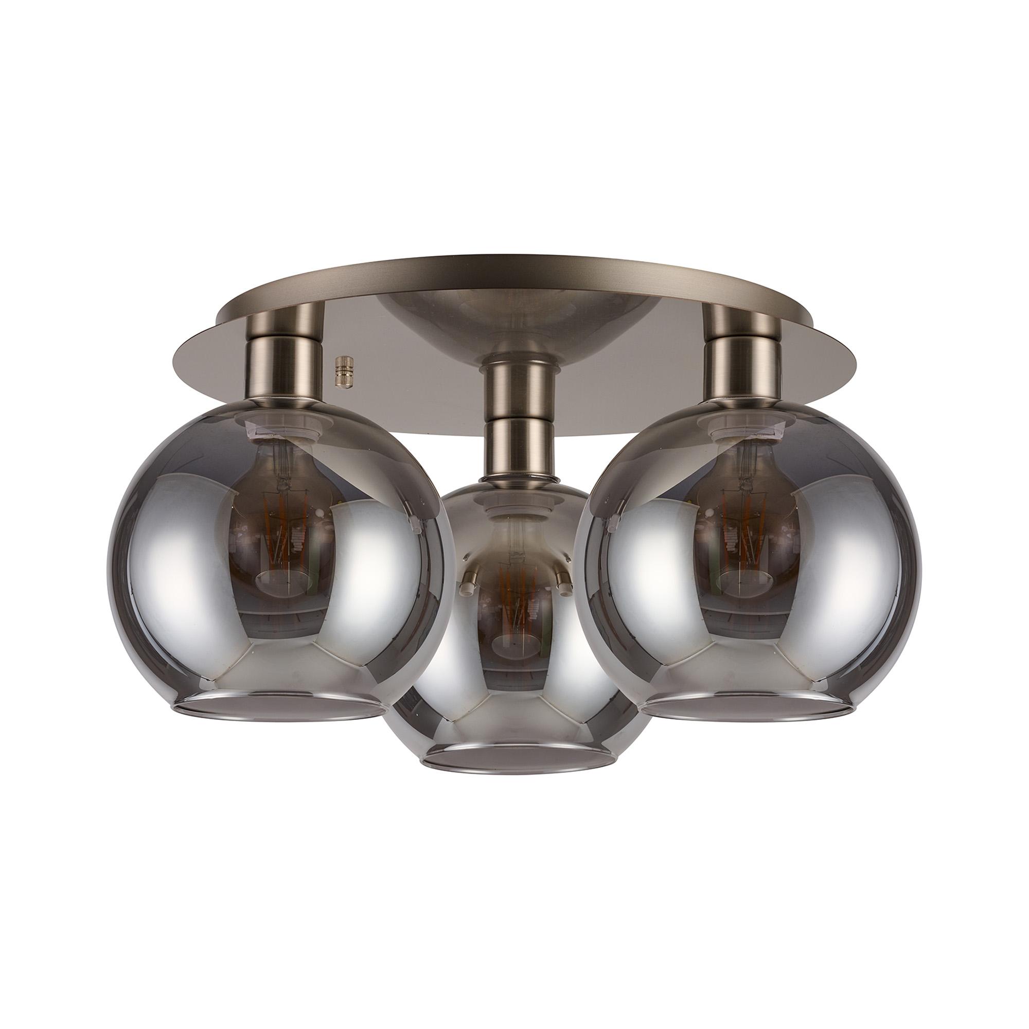 Lori 40cm Round Ceiling Flush, 3 Light Flush Fitting, Satin Nickel/Smoke Open Mouth Round Globe Shades