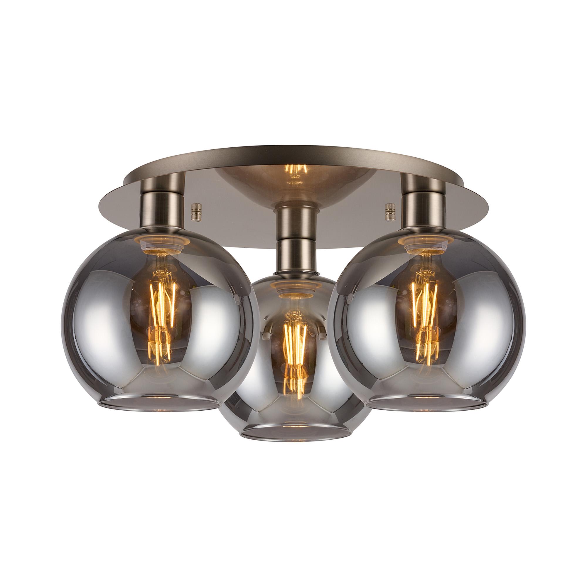Lori 40cm Round Ceiling Flush, 3 Light Flush Fitting, Satin Nickel/Smoke Open Mouth Round Globe Shades