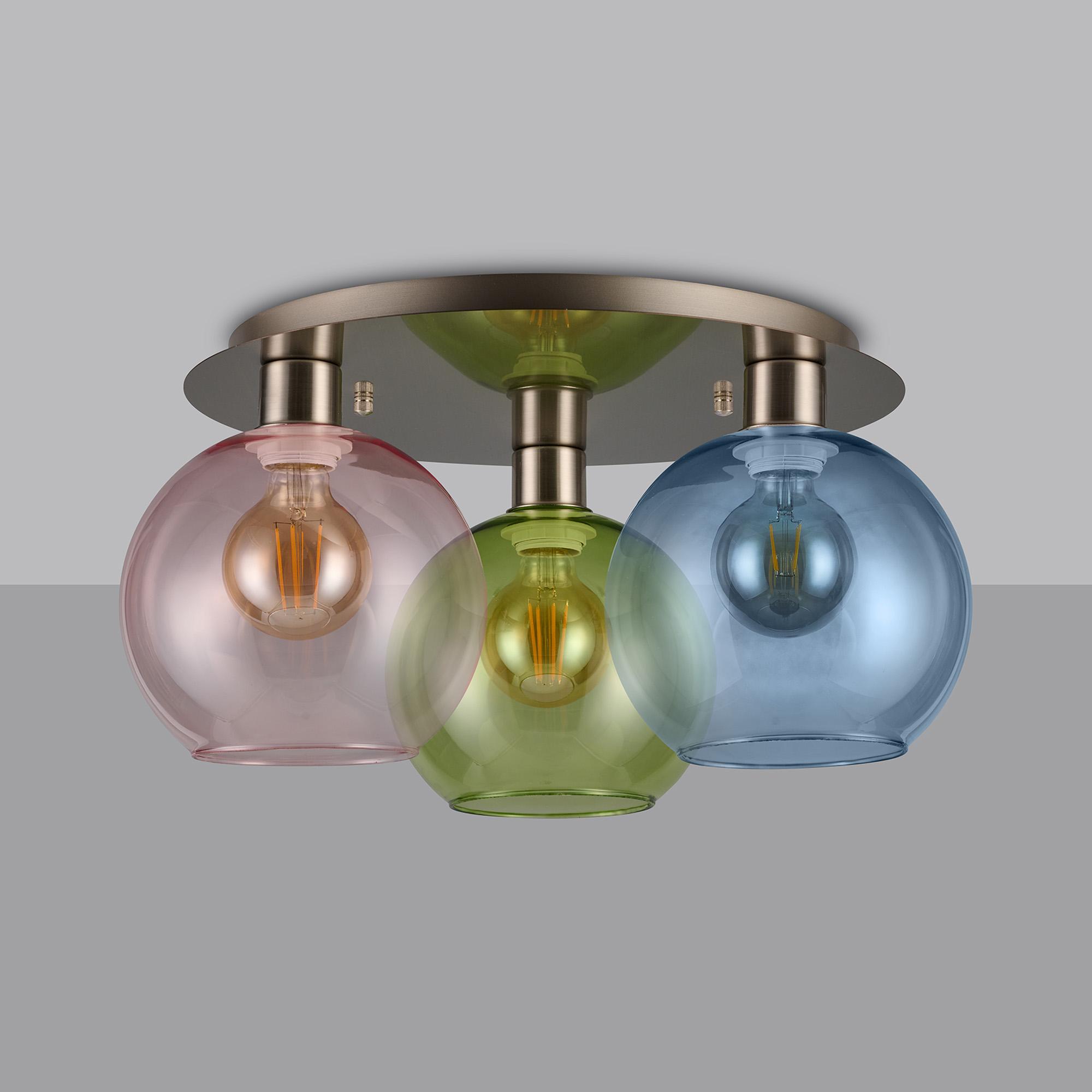 Lori 40cm Round Ceiling Flush, 3 Light Flush Fitting, Satin Nickel/Blue/Green/Pink Open Mouth Round Globe Shades