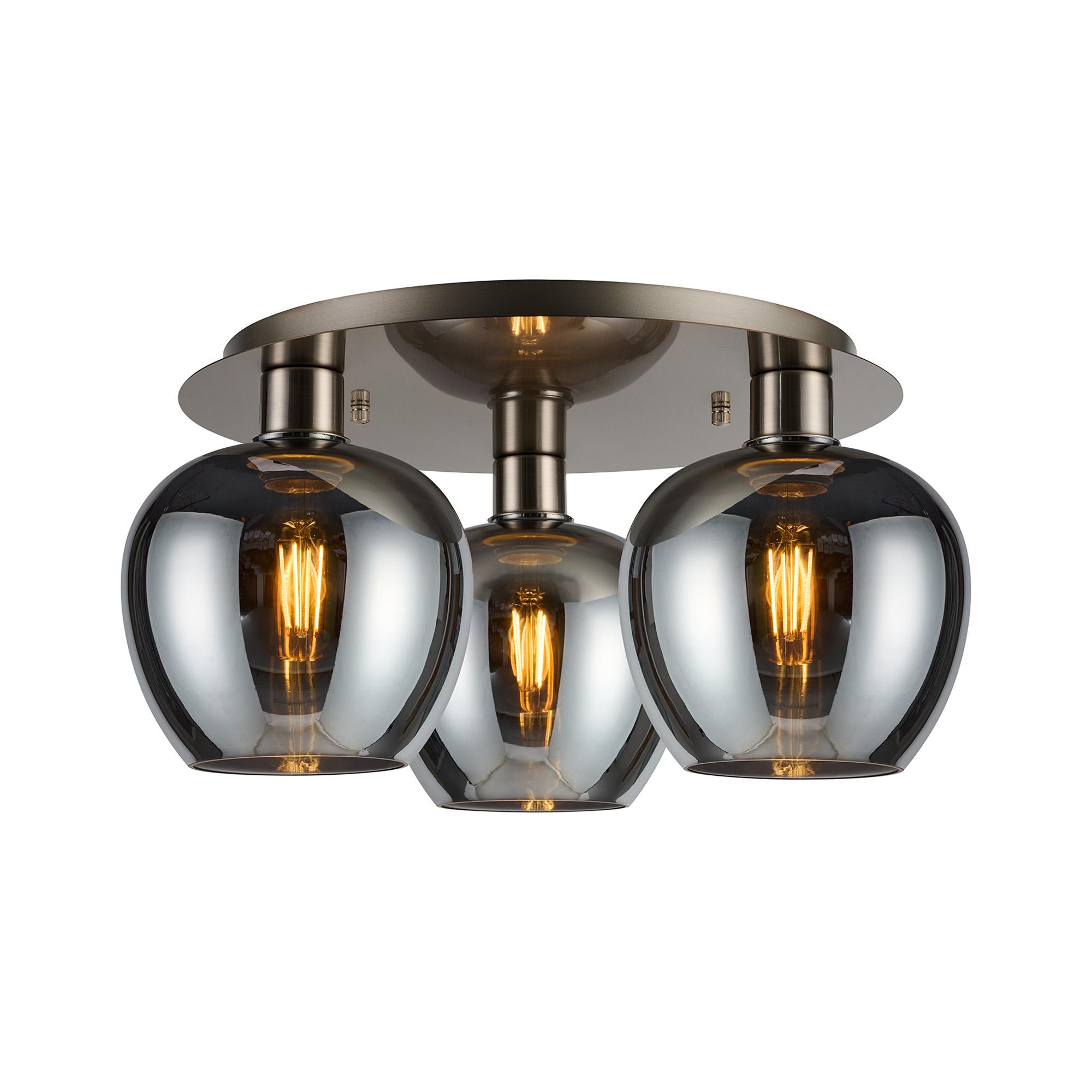 Lori 40cm Round Ceiling Flush, 3 Light Flush Fitting, Satin Nickel/Chrome Wine Shades