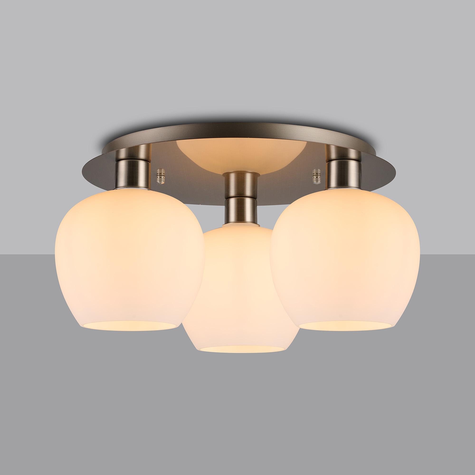 Lori 40cm Round Ceiling Flush, 3 Light Flush Fitting, Satin Nickel/Opal Wine Shades