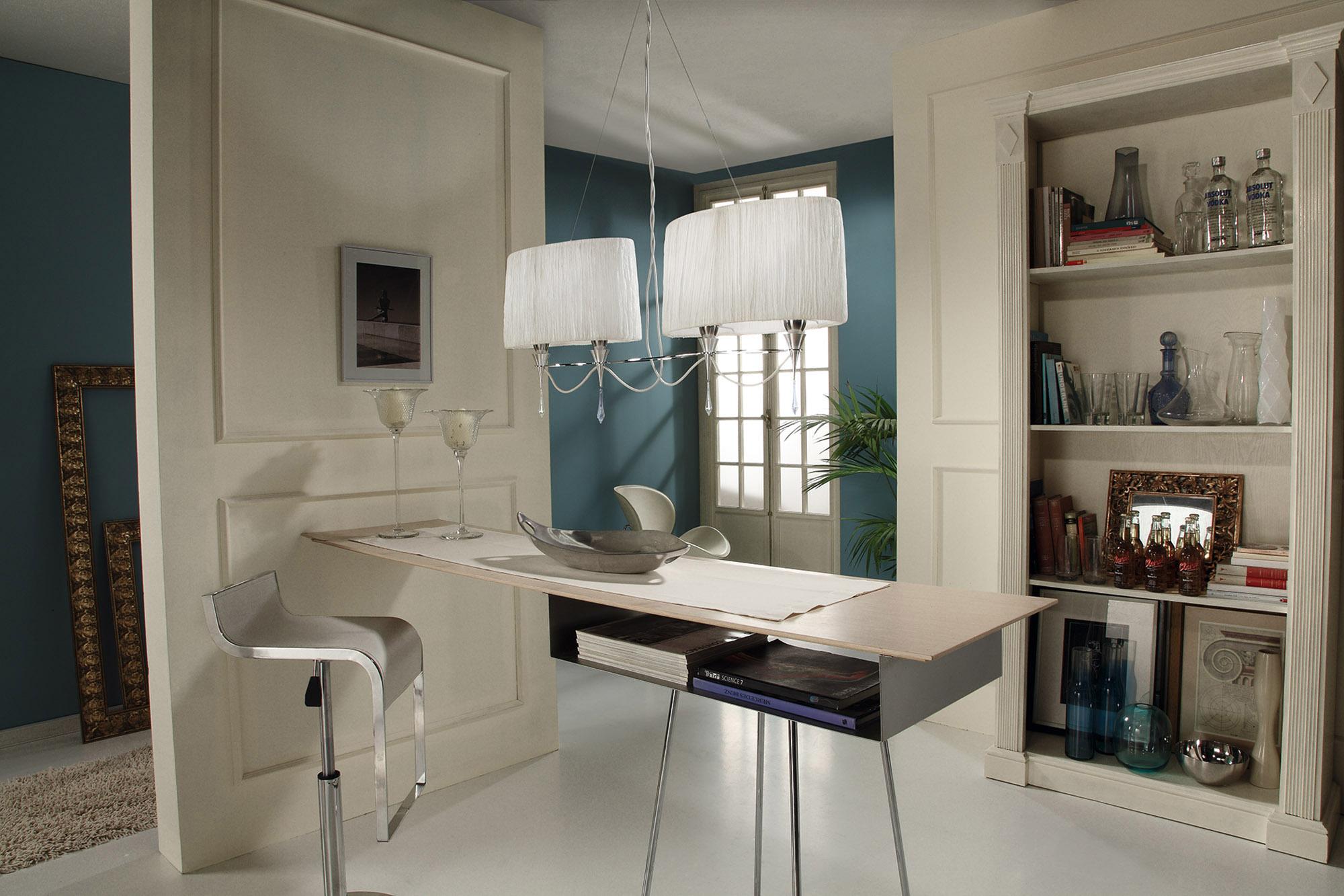 Lucca Linear Pendant 2 Arm 4 Light E27 Line, Polished Chrome With White Shades & Clear Crystal