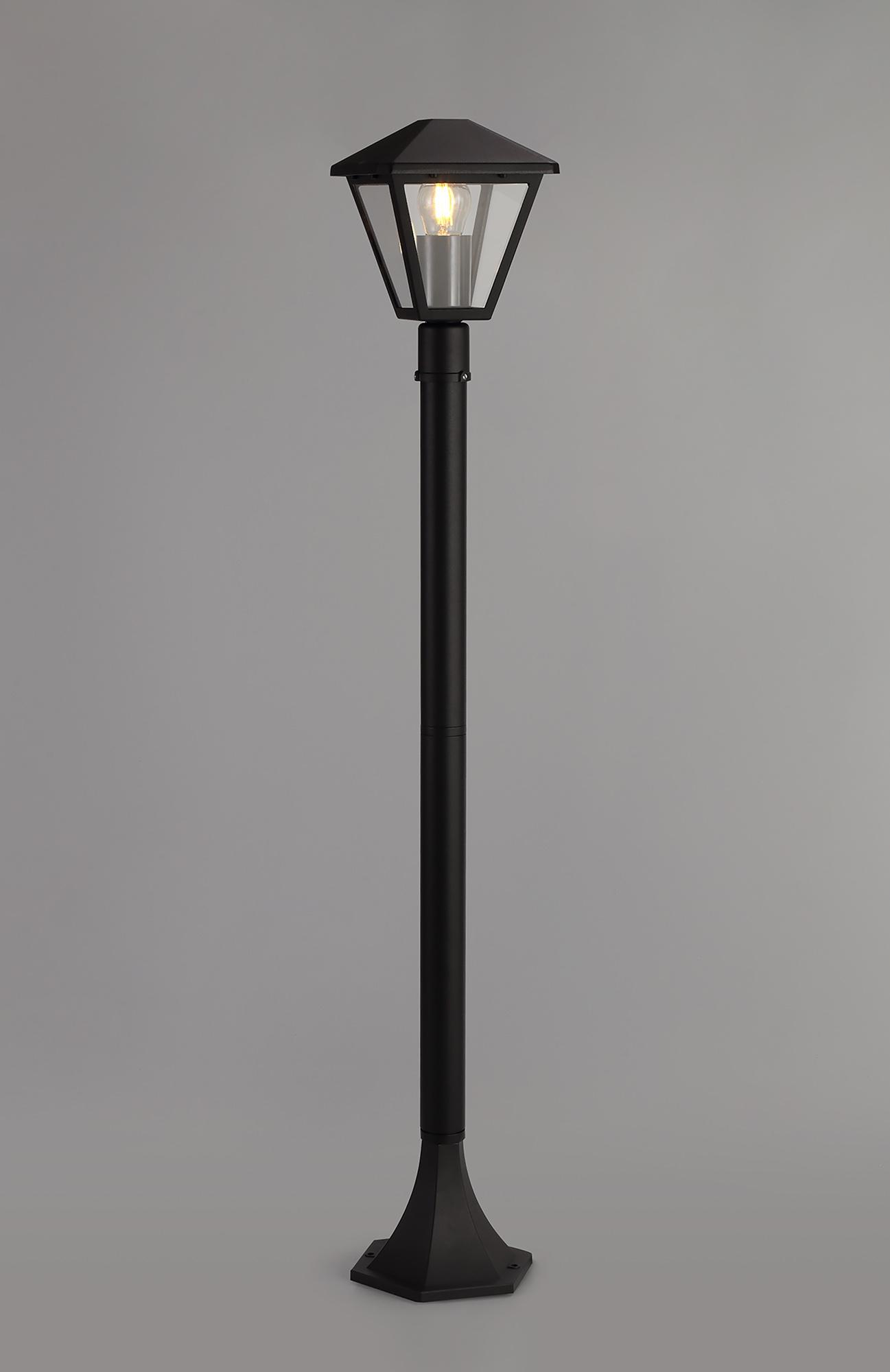Luqi Tall Post, 1 x E27, IP44, Black/Clear Glass, 2yrs Warranty