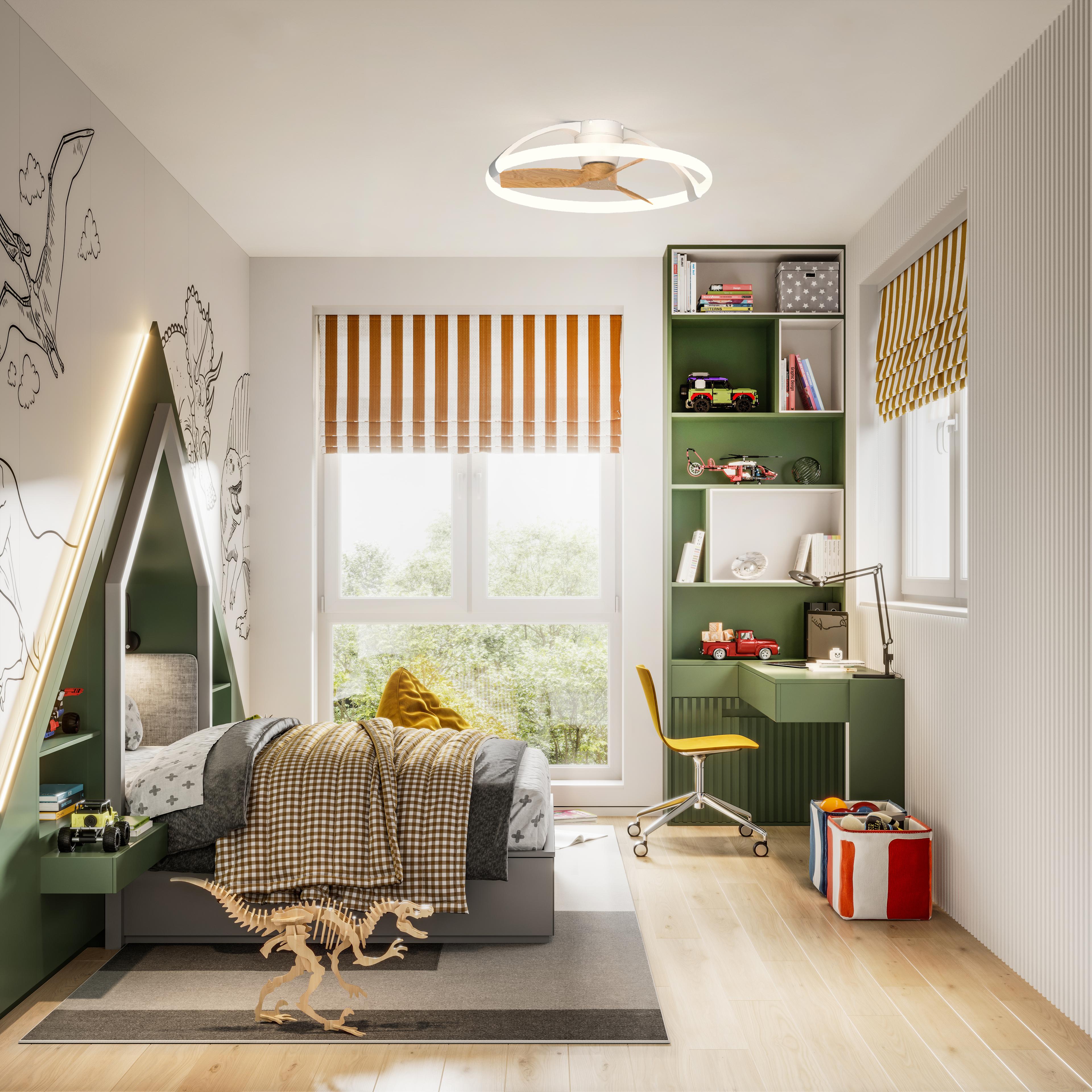 Nepal Mini 75cm 55W LED Dimmable Ceiling Light With Built-In 30W DC Reversible Fan, White/Wood, c/w Remote & APP Control, 5200lm