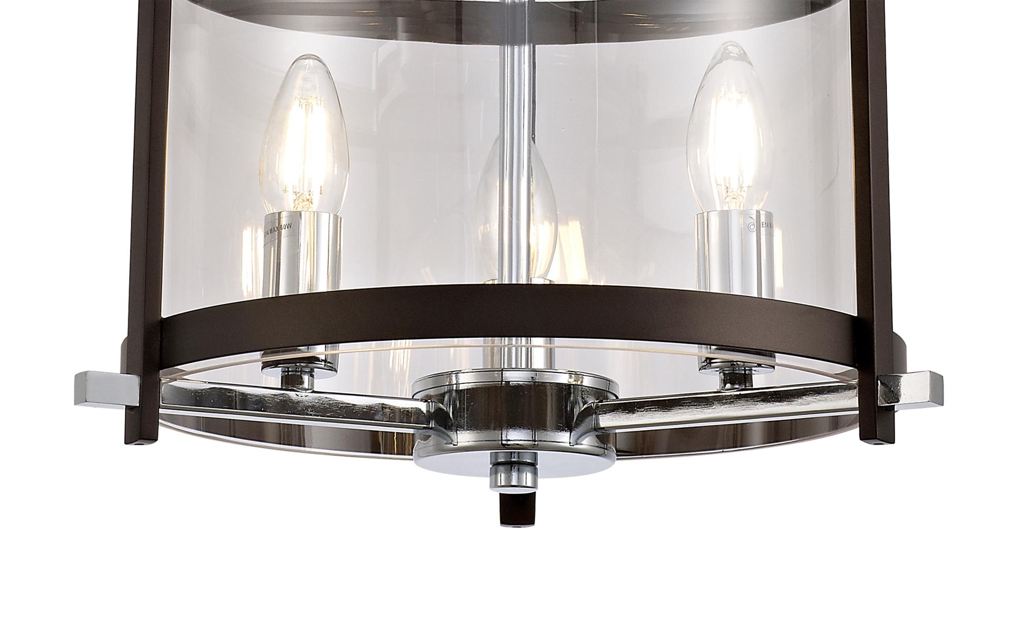 Nolan Single 36cm Pendant 3 Light E14 Brown Oxide/Polished Chrome/Clear Glass
