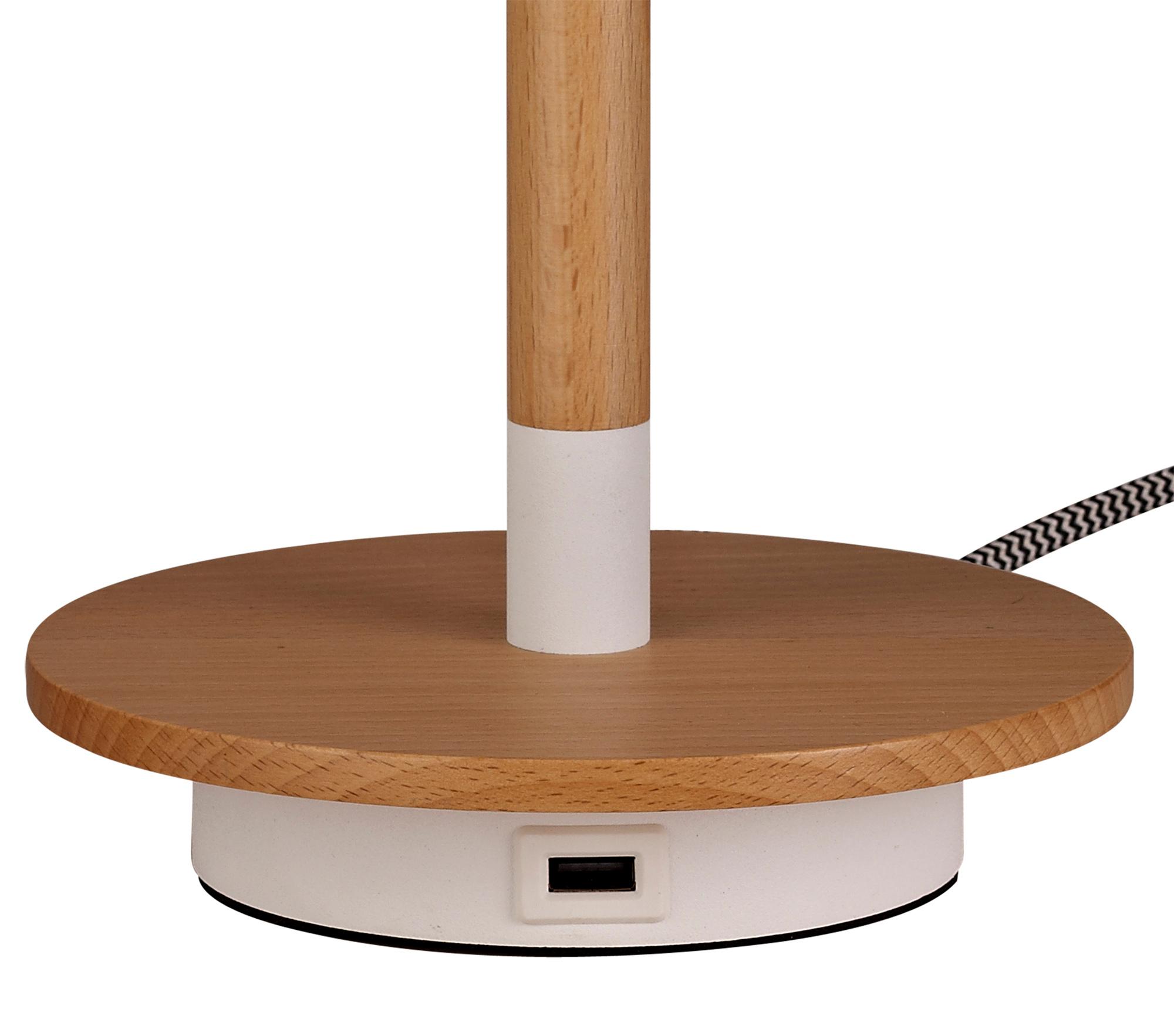 Nordica II Table Lamp With USB Socket, 1x23W E27, White/Beech With White Shade