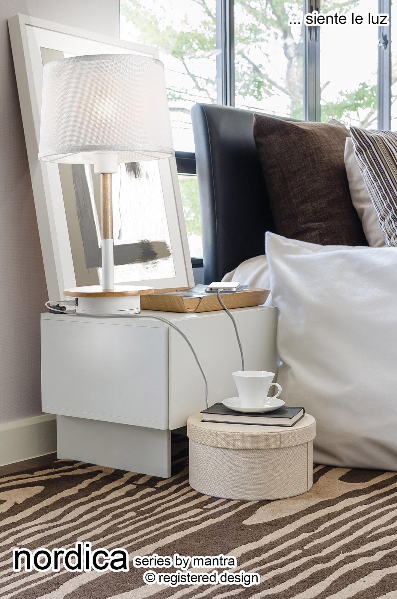 Nordica II Table Lamp With USB Socket, 1x23W E27, White/Beech With White Shade