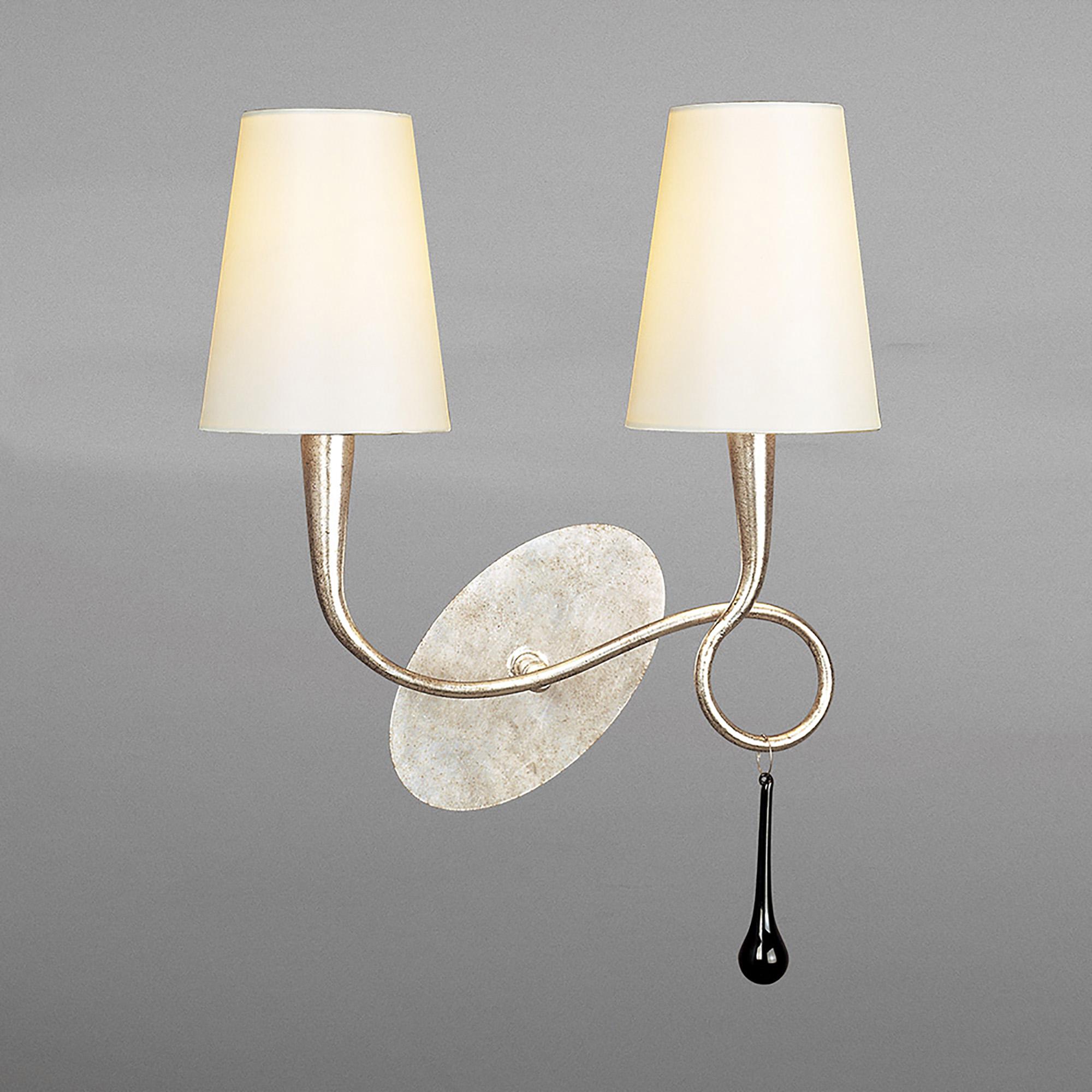Paola Wall Lamp 2 Light E14, Silver Painted With Cream Shades & Black Glass Droplets