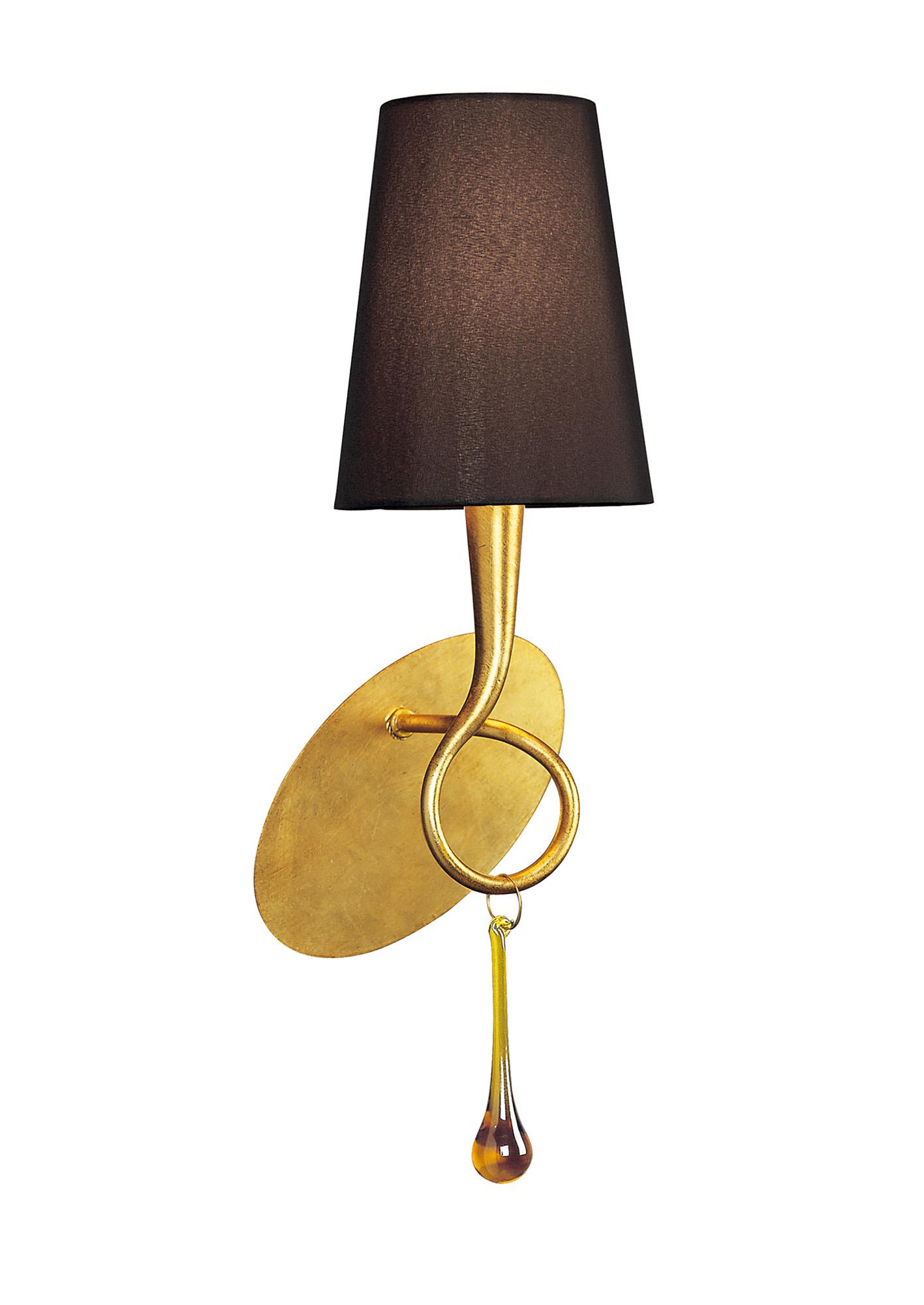 Paola Wall Lamp 1 Light E14, Gold Painted With Black Shade & Amber Glass Droplets
