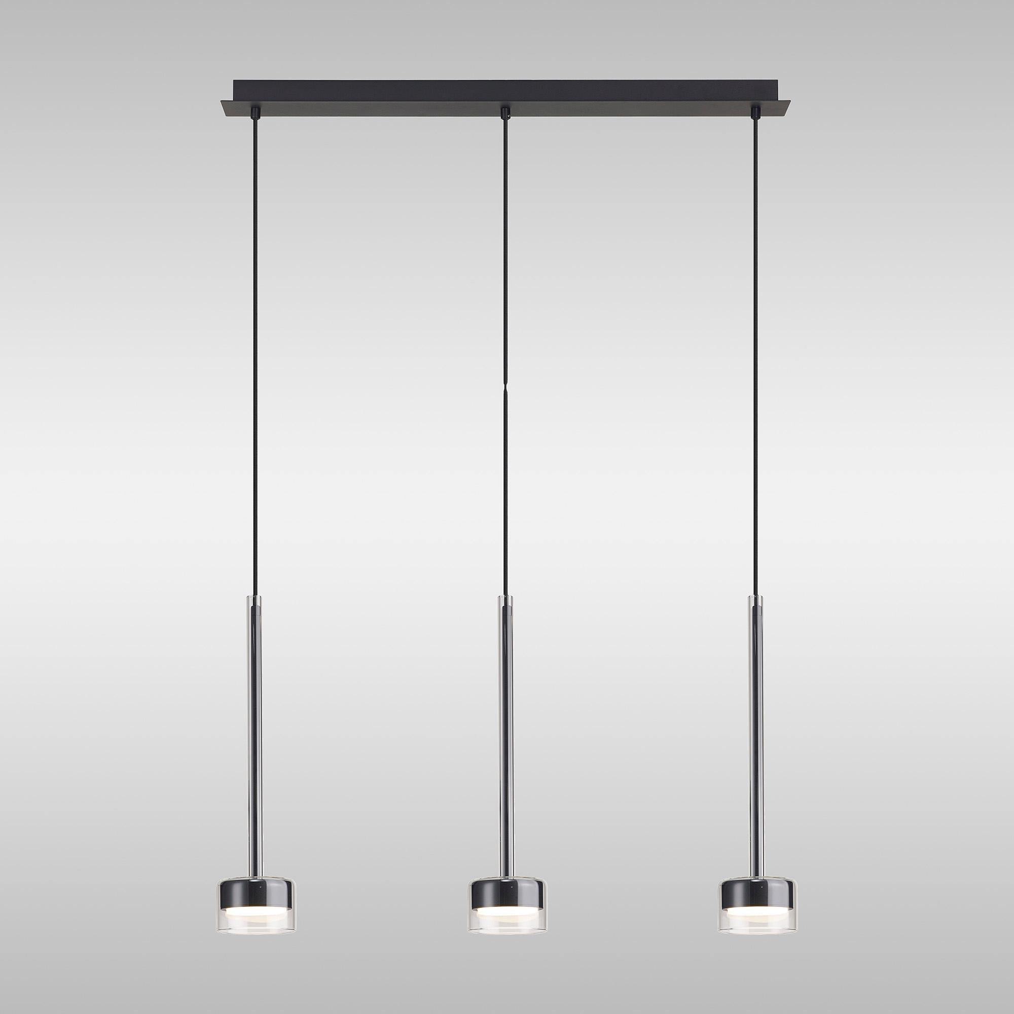 Tonic Linear Dimmable Pendant, 3 Light, With Replaceable 12W LEDs, 3000K, Chrome/Black/Clear Glass