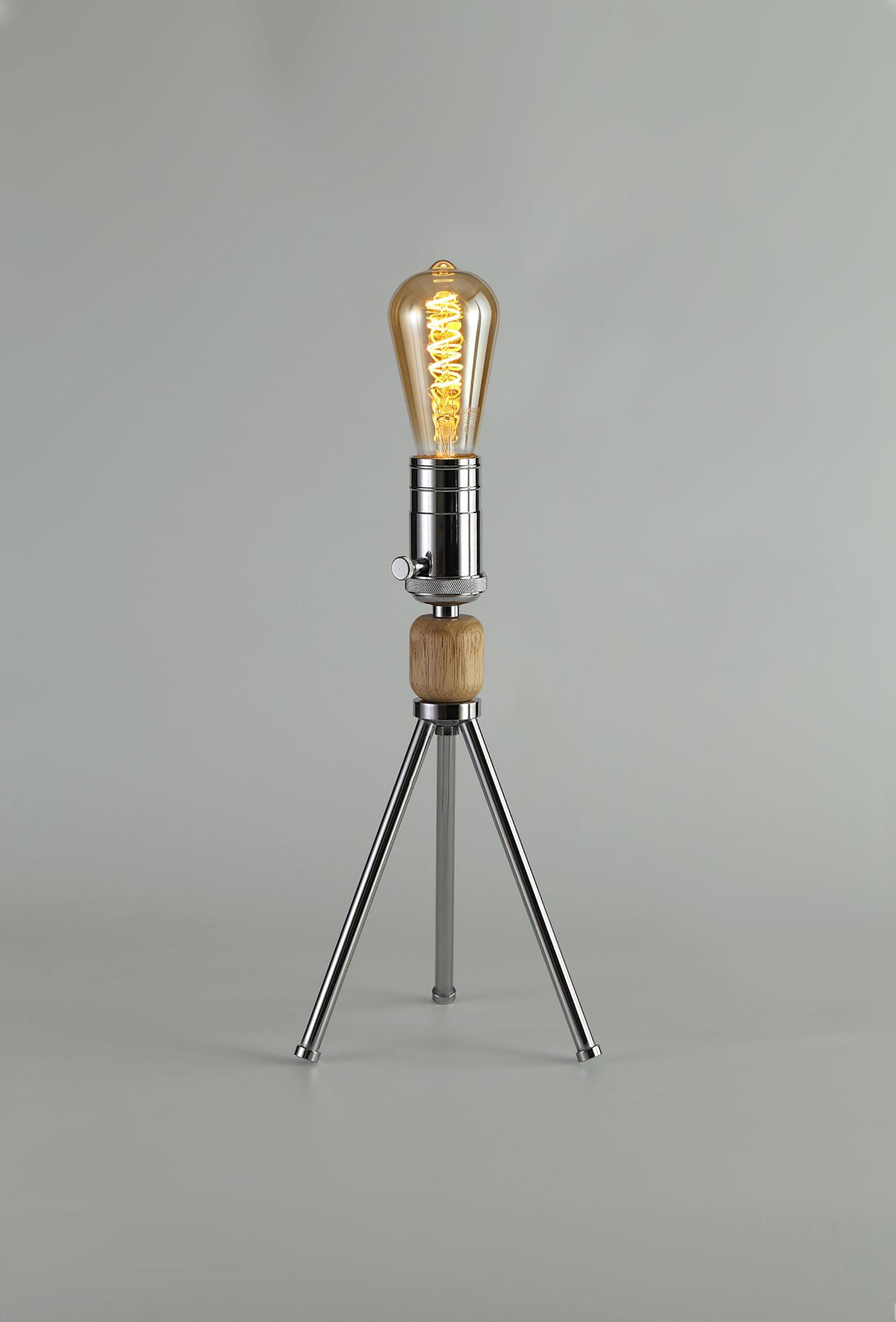 Tripp Table Lamp, 1 Light E27, Dimmable, Polished Chrome/Wood, (Lamps Not Included)