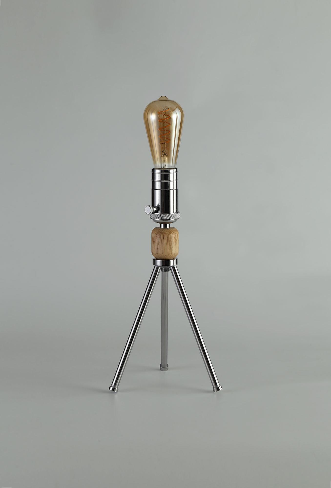 Tripp Table Lamp, 1 Light E27, Dimmable, Polished Chrome/Wood, (Lamps Not Included)