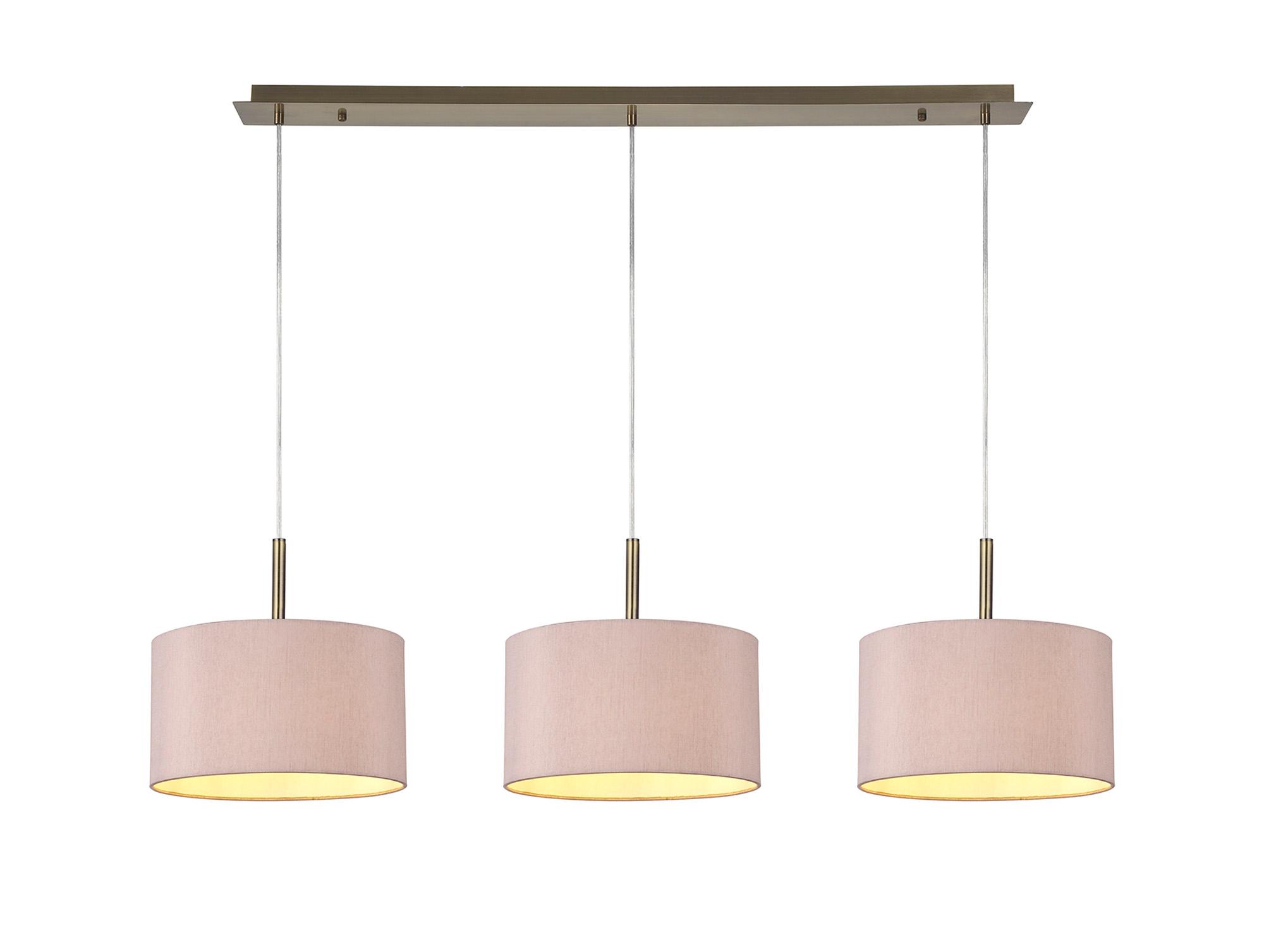 Baymont Antique Brass 3 Light E27 Linear Pendant With 30cm x 17cm Dual Faux Silk Shade, Taupe/Halo Gold