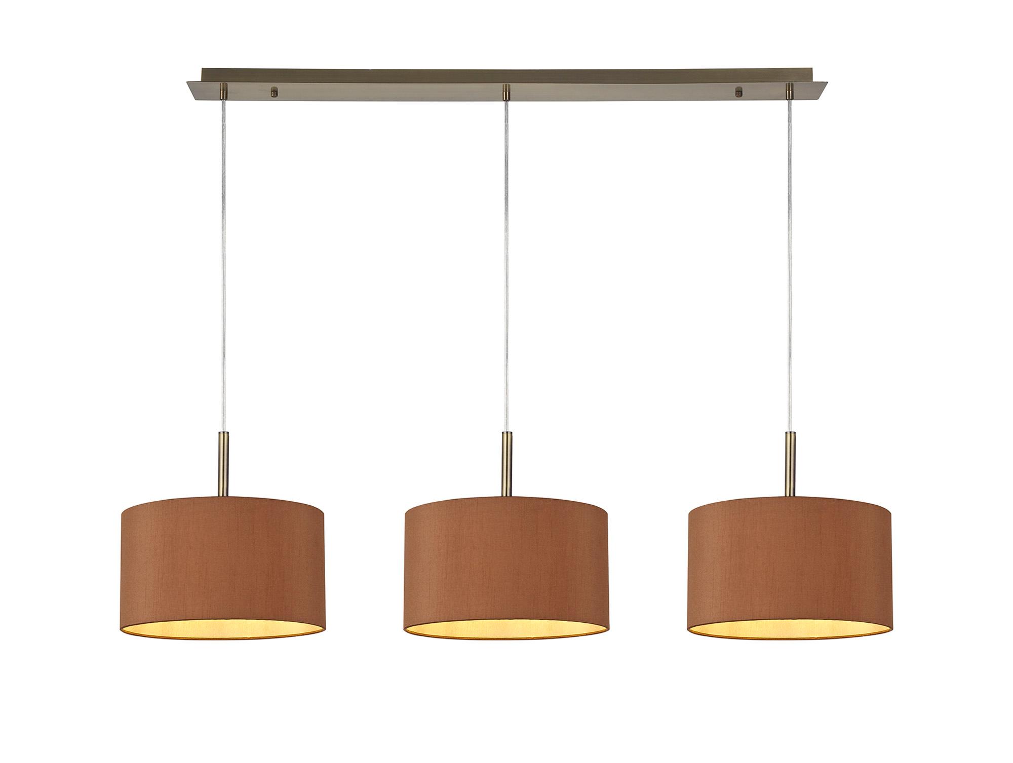 Baymont Antique Brass 3 Light E27 Linear Pendant With 30cm x 17cm Dual Faux Silk Shade, Raw Cocoa/Grecian Bronze
