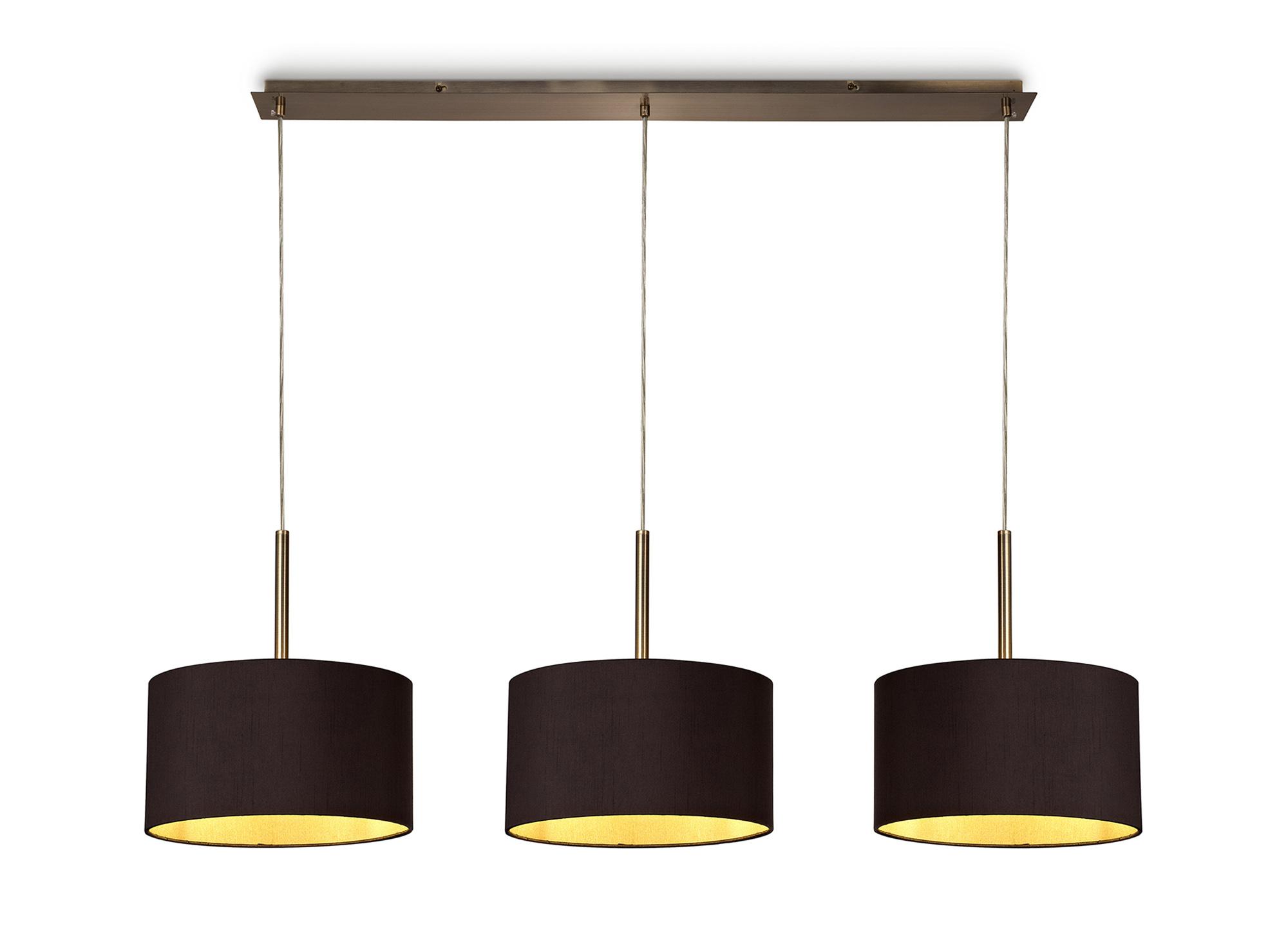 Baymont Antique Brass 3 Light E27 Linear Pendant With 30cm x 17cm Dual Faux Silk Shade, Midnight Black/Green Olive