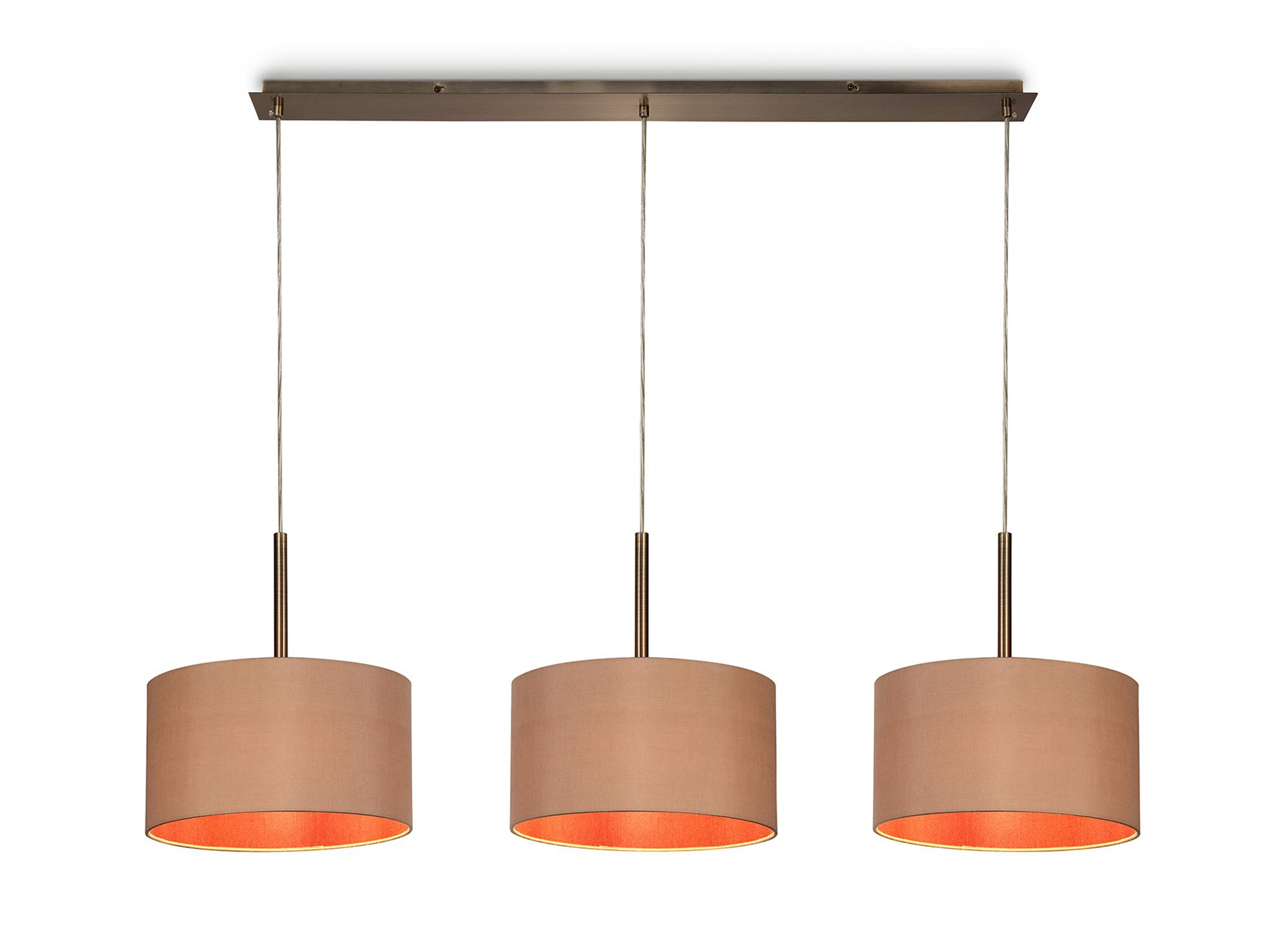 Baymont Antique Brass 3 Light E27 Linear Pendant With 30cm x 17cm Dual Faux Silk Shade, Antique Gold/Ruby