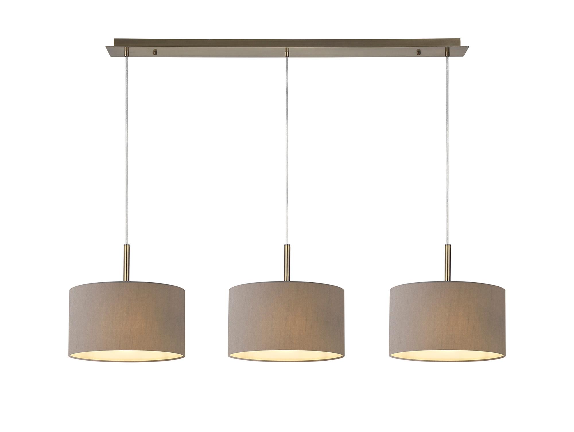 Baymont Antique Brass 3 Light E27 Linear Pendant With 30cm x 17cm Faux Silk Shade, Grey/White Laminate
