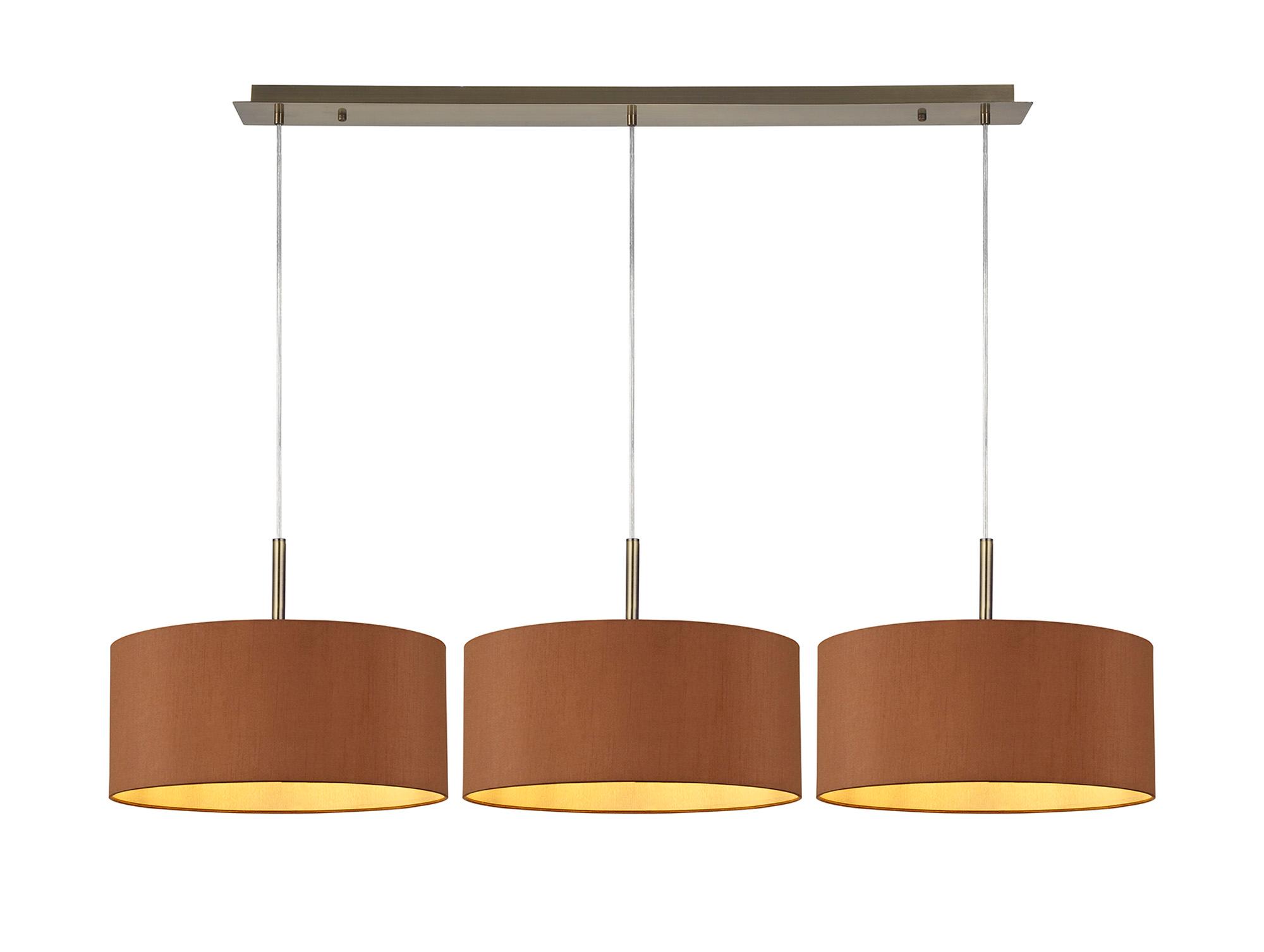 Baymont Antique Brass 3 Light E27 Linear Pendant With 40cm x 18cm Dual Faux Silk Shade, Raw Cocoa/Grecian Bronze