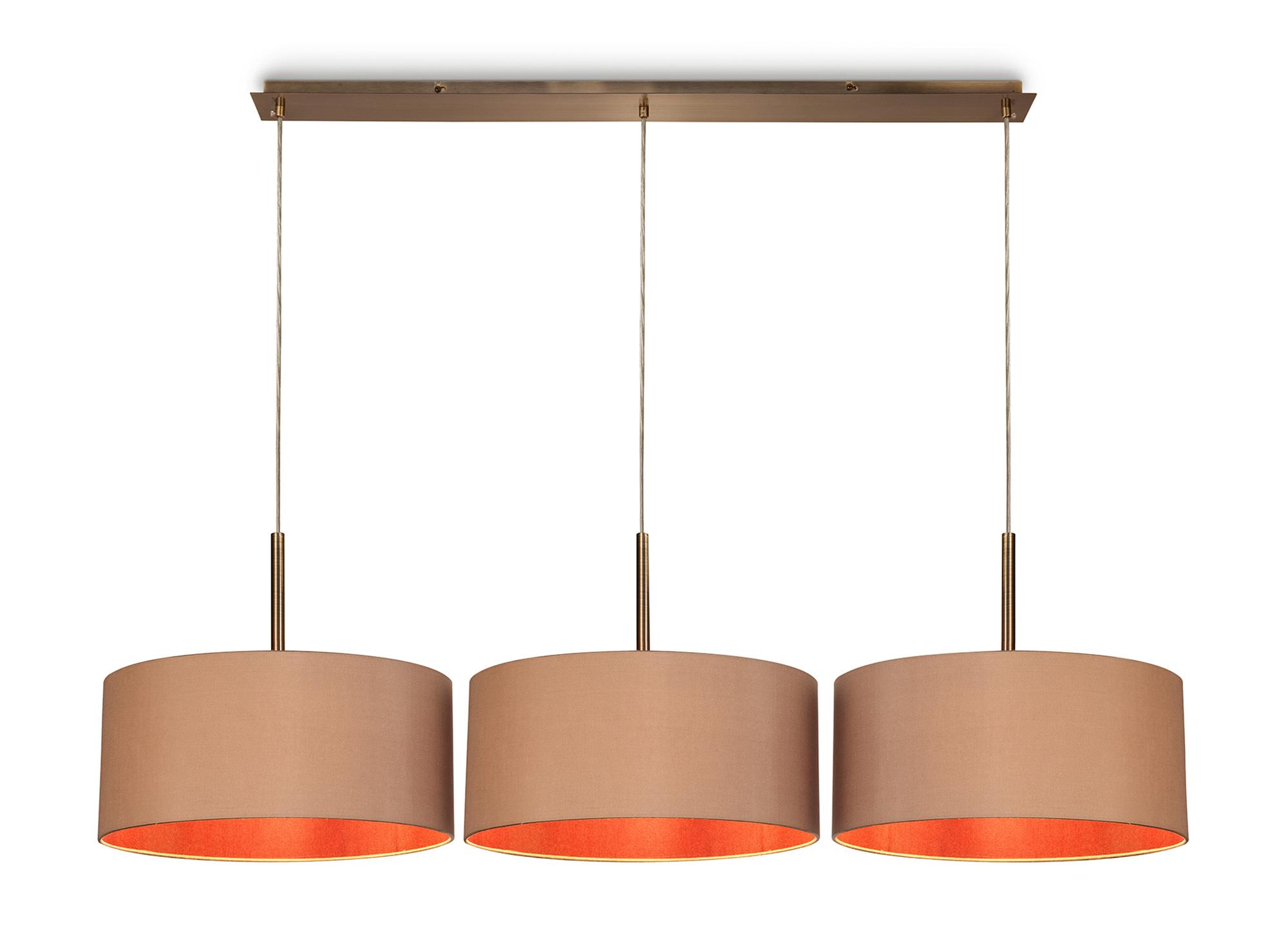 Baymont Antique Brass 3 Light E27 Linear Pendant With 40cm x 18cm Dual Faux Silk Shade, Antique Gold/Ruby