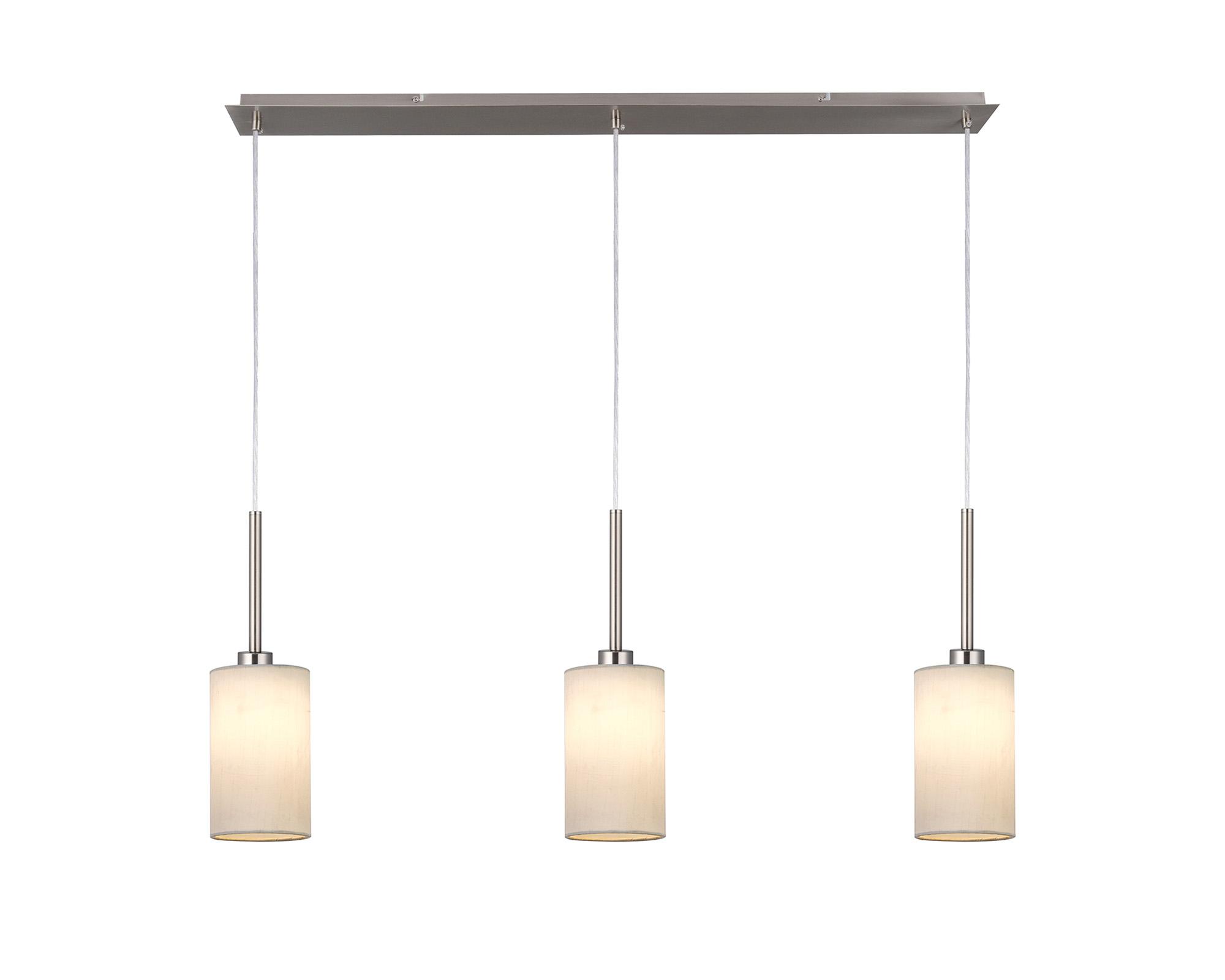 Baymont Satin Nickel 3 Light E27 Linear Pendant, With 12cm Faux Silk Shade, White
