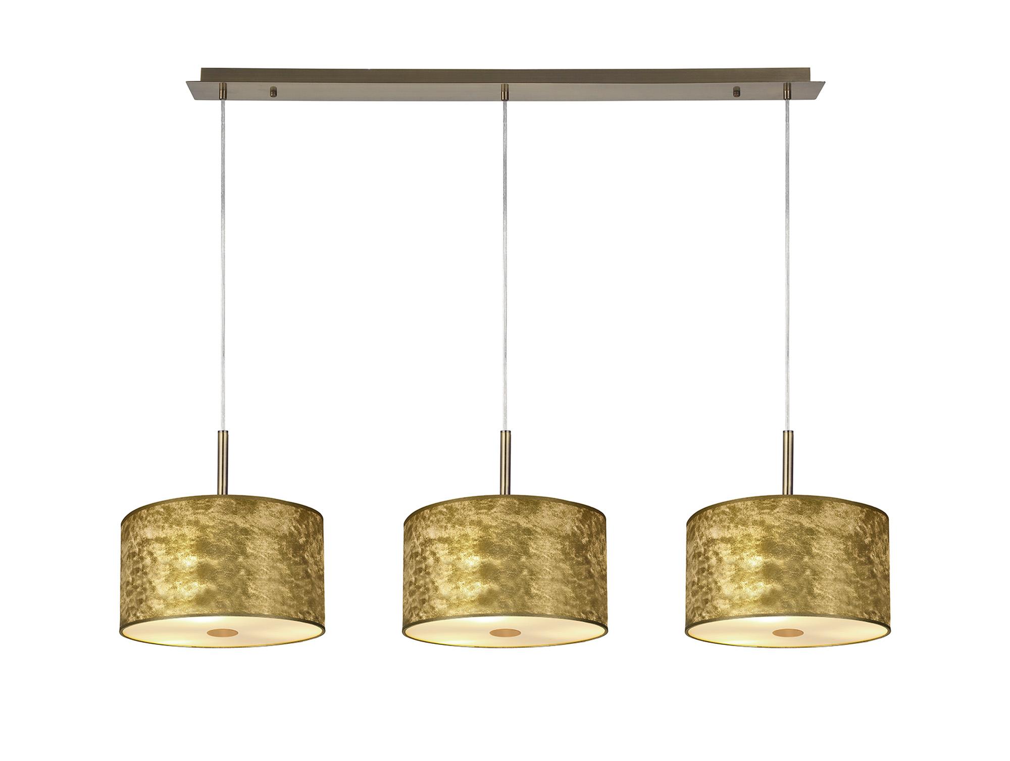 Baymont Antique Brass 3 Light E27 Linear Pendant With 30cm x 17cm Gold Leaf Shade With Frosted/AB Acrylic Diffuser 3m