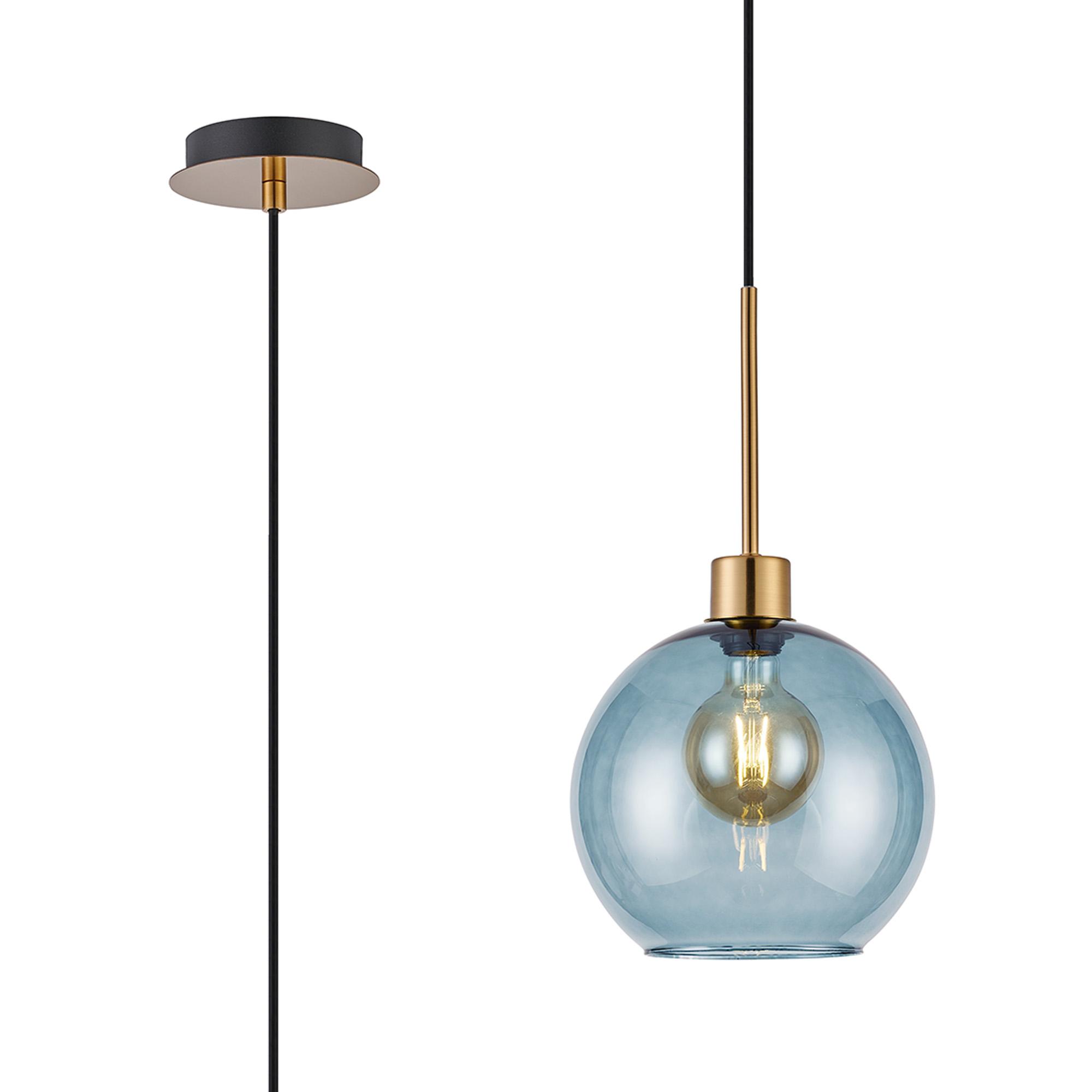 Lori 1.7m Single Pendant, 1 Light Adjustable E27, Antique Gold/Blue Open Mouth Round Globe Shades