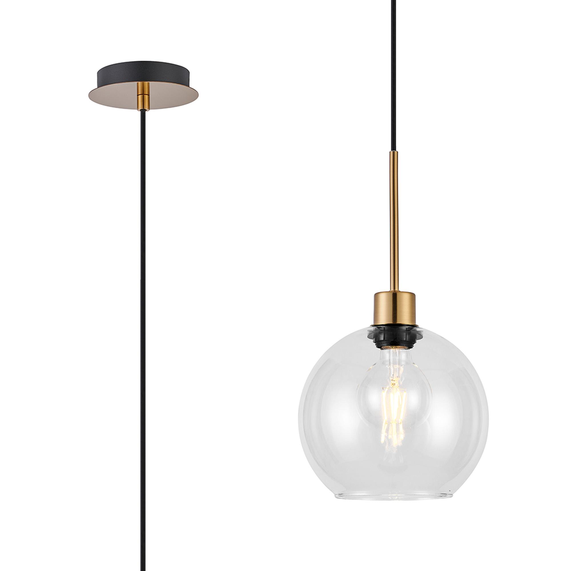 Lori 1.7m Single Pendant, 1 Light Adjustable E27, Antique Gold/Clear Open Mouth Round Globe Shades