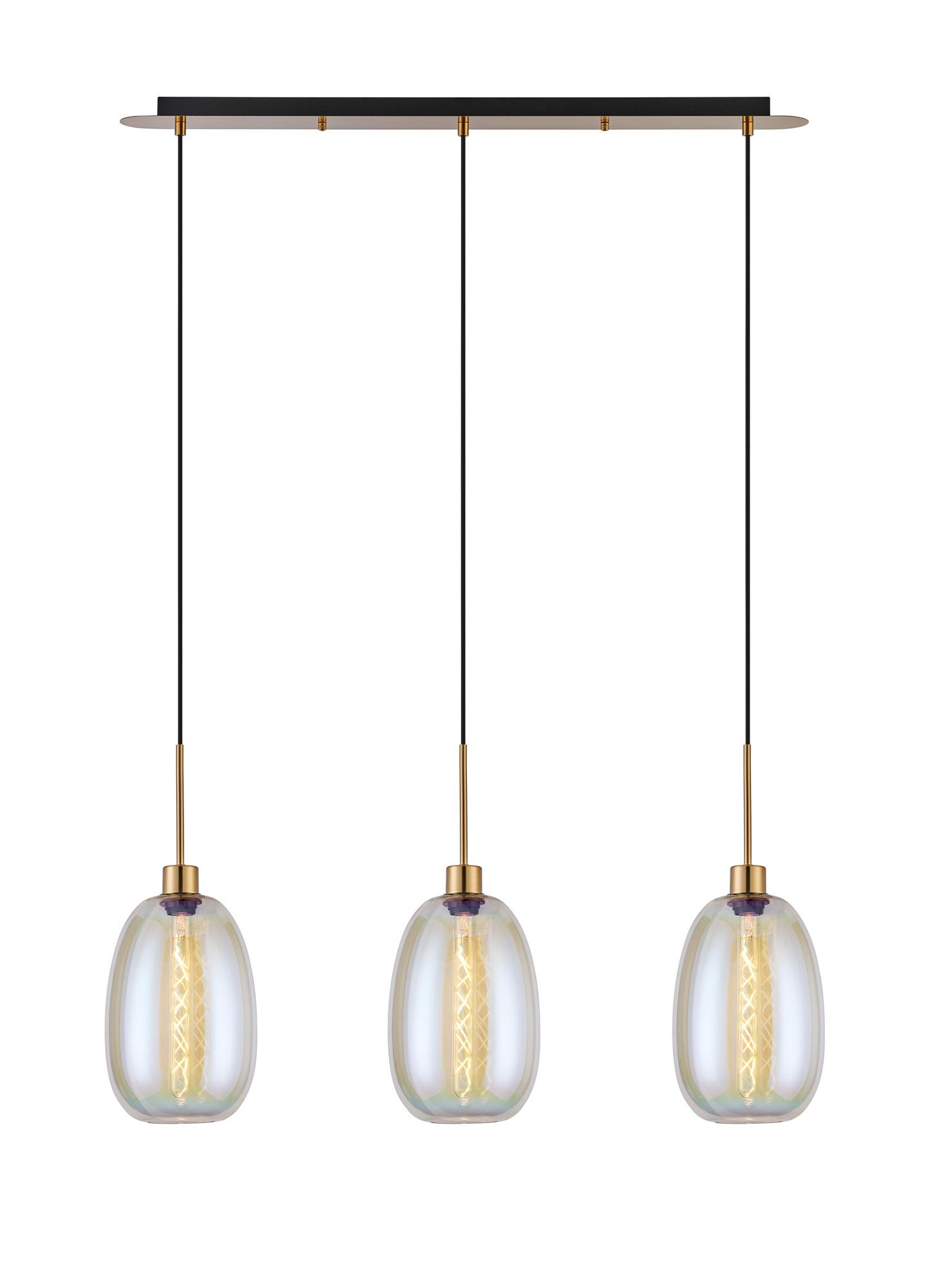 Lori Linear Pendant, 3 Light Adjustable E27, Antique Gold/Iridescent Slim Curved Trapezium Shades